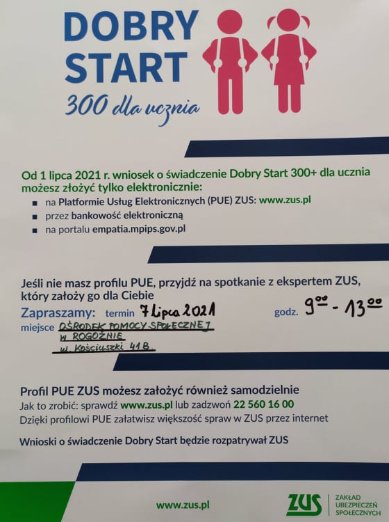 informacja dotycząca dyżuru pracownika ZUS w sprawie wniosków do programu Dobry Start 300+