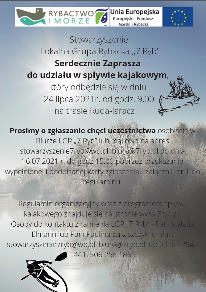 informacja o spływie kajakowym organizowanym przez Stowarzyszenie LGR 7 RYB