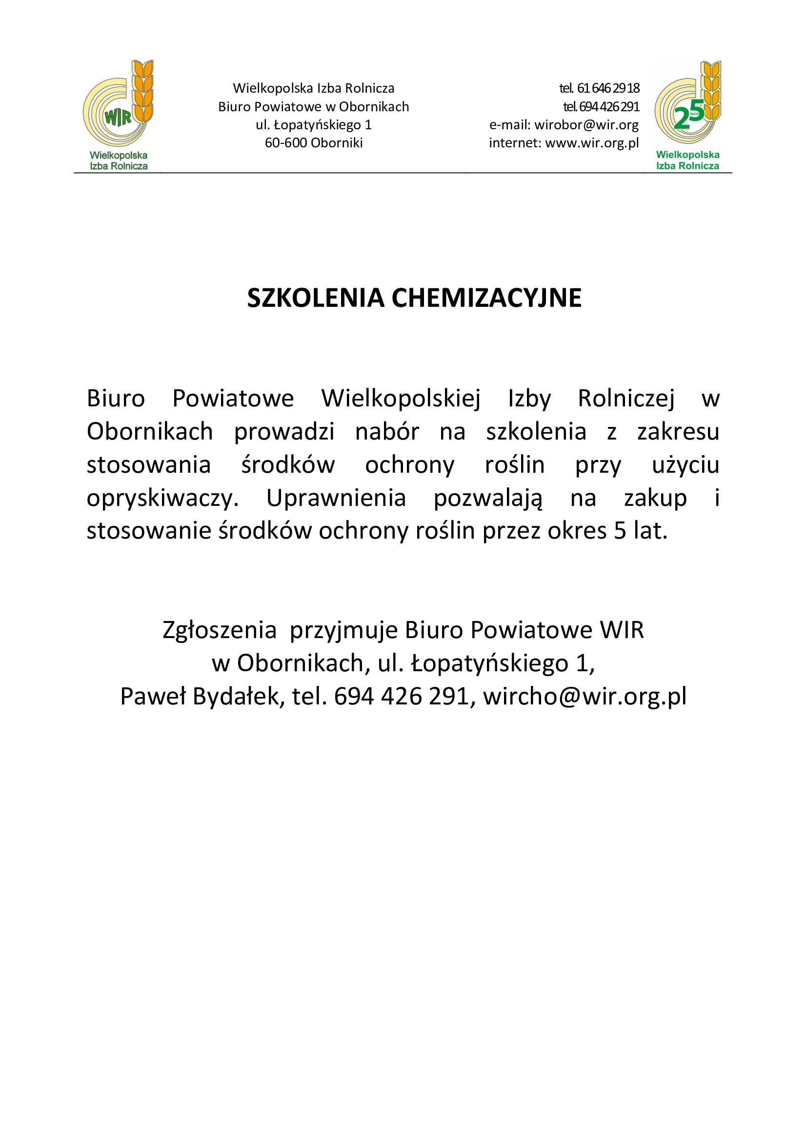 informacja o szkoleniach chemizacyjnych z logiem WIR'u