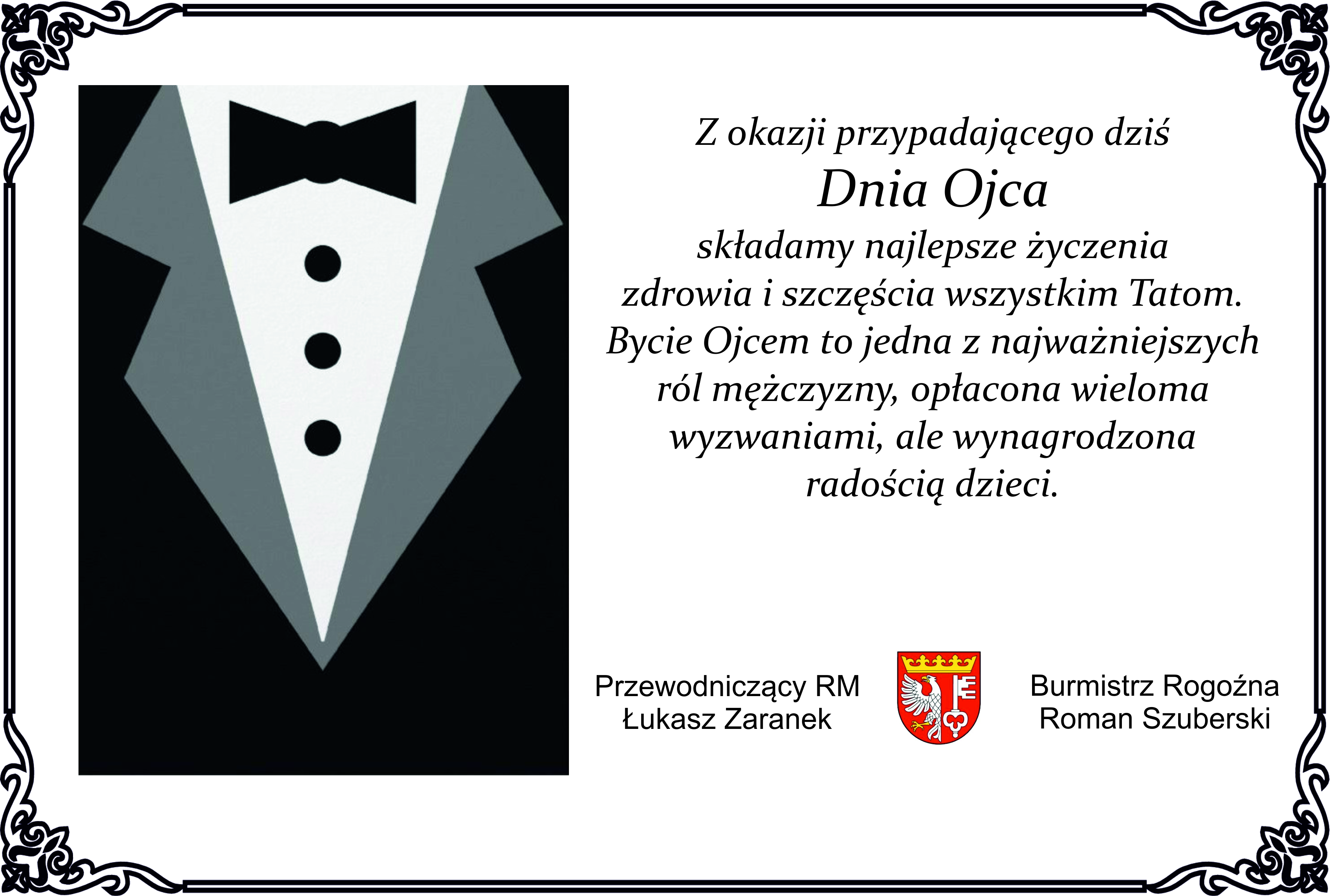 grafika smokingu po lewej stronie i tekst życzeń po prawej stronie