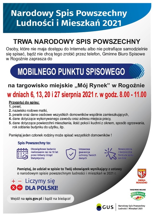 plakat mobilnego punktu spisowego kolorowy tekst na biało-szarym tle