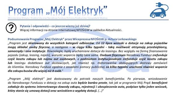 Infografika dotycząca programu Mój Elektryk-pytania i odpowiedzi