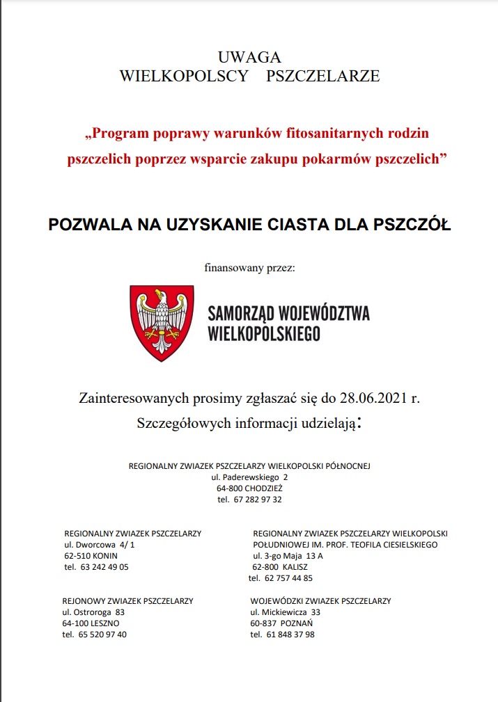 Plakat regionalnego związku pszczelarzy informacje na temat uzyskania ciasta dla pszczół