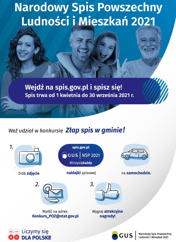plakat Złap spis w gminie zdjęcie czworga uśmiechniętych ludzi na górze, grafiki i tekst na dole