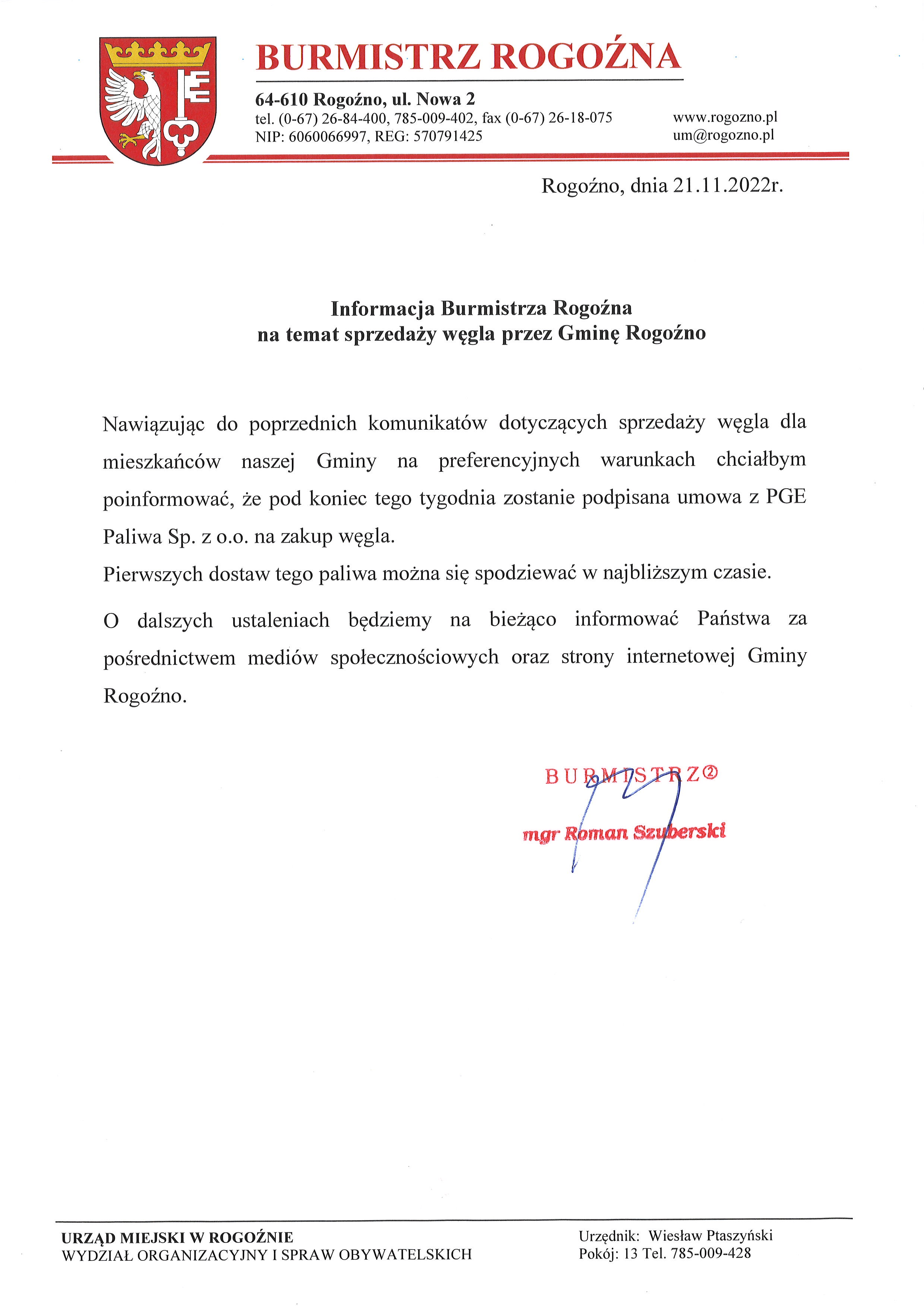 informacja dot. sprzedaży węgla czarny tekst na białym tle