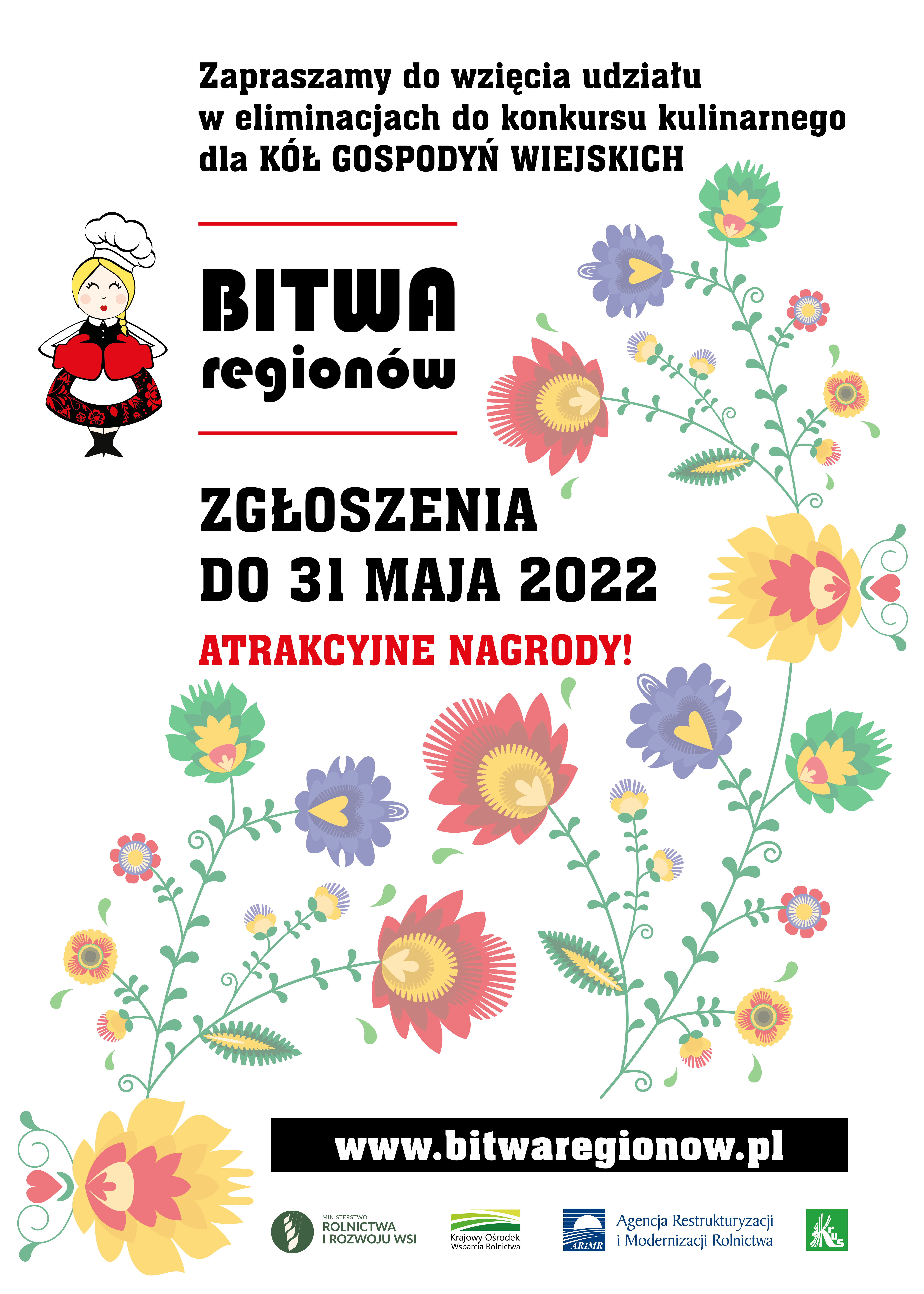 czarny tekst na białym tle wypełnionym polnymi kwiatami, na górze po lewej grafika wiejskiej kobiety, na dole loga