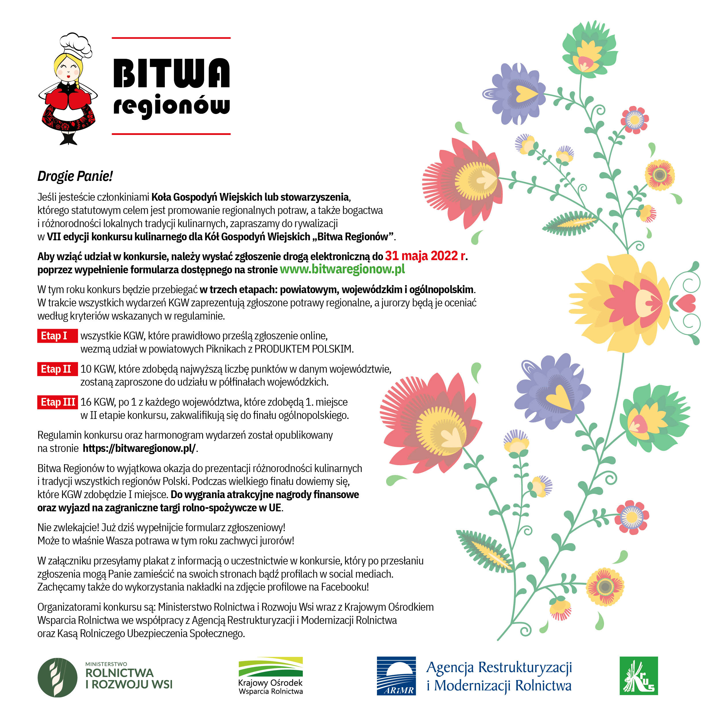 czarny tekst na białym tle wypełnionym polnymi kwiatami po prawej stronie, na górze po lewej grafika wiejskiej kobiety, na dole loga