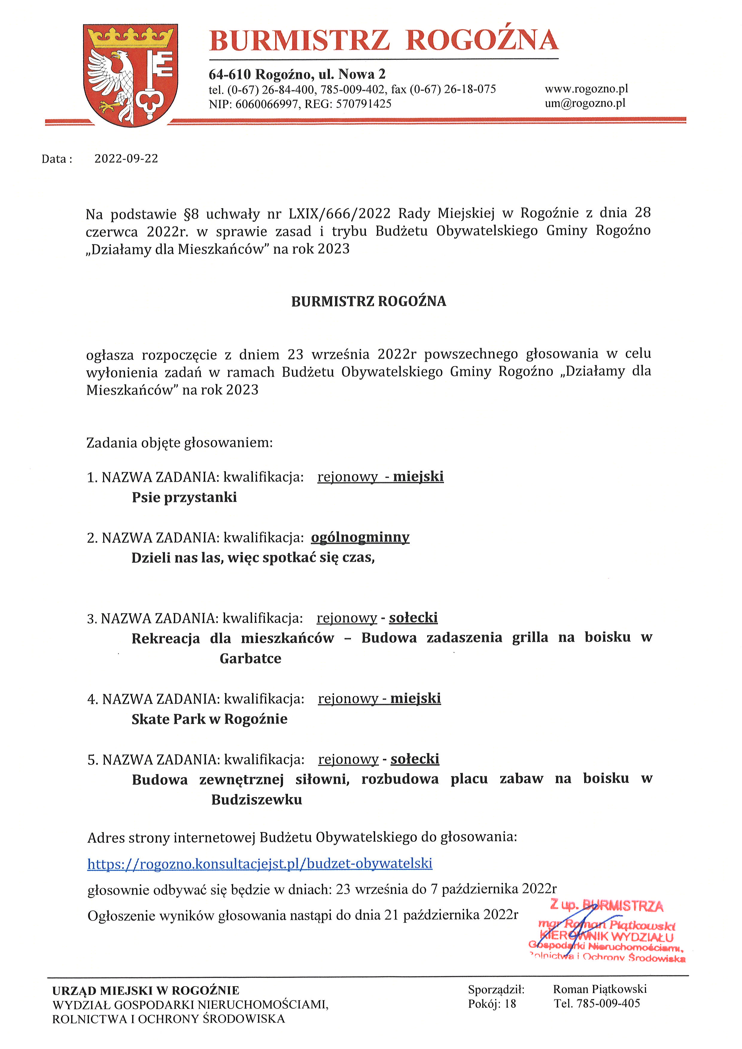 czarny tekst na białym tle, na górze herb Rogoźna
