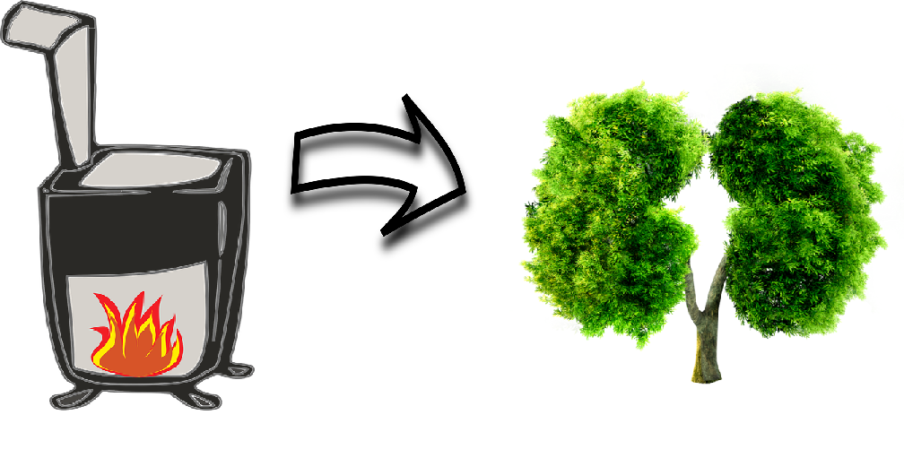 grafika ognia w piecu po lewej stronie, a po prawej grafika drzewa w kształcie płuc