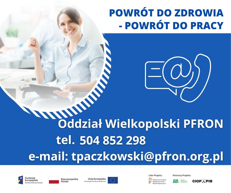 Biało niebieski tekst na&nbsp;biało niebieskim tle, po lewej grafika kobiety, na&nbsp;dole loga