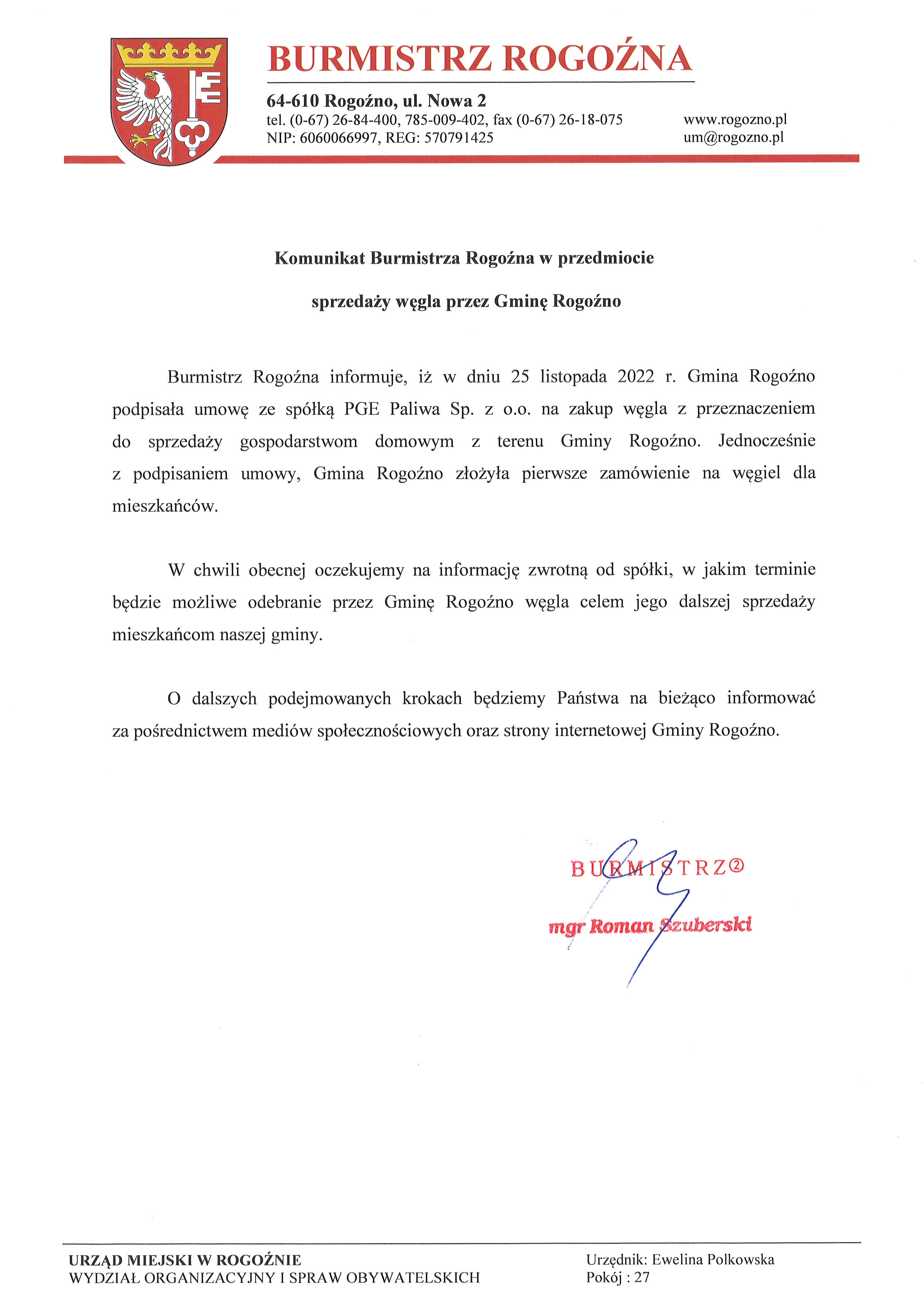 czarny tekst na białym tle, na górze herb Rogoźna