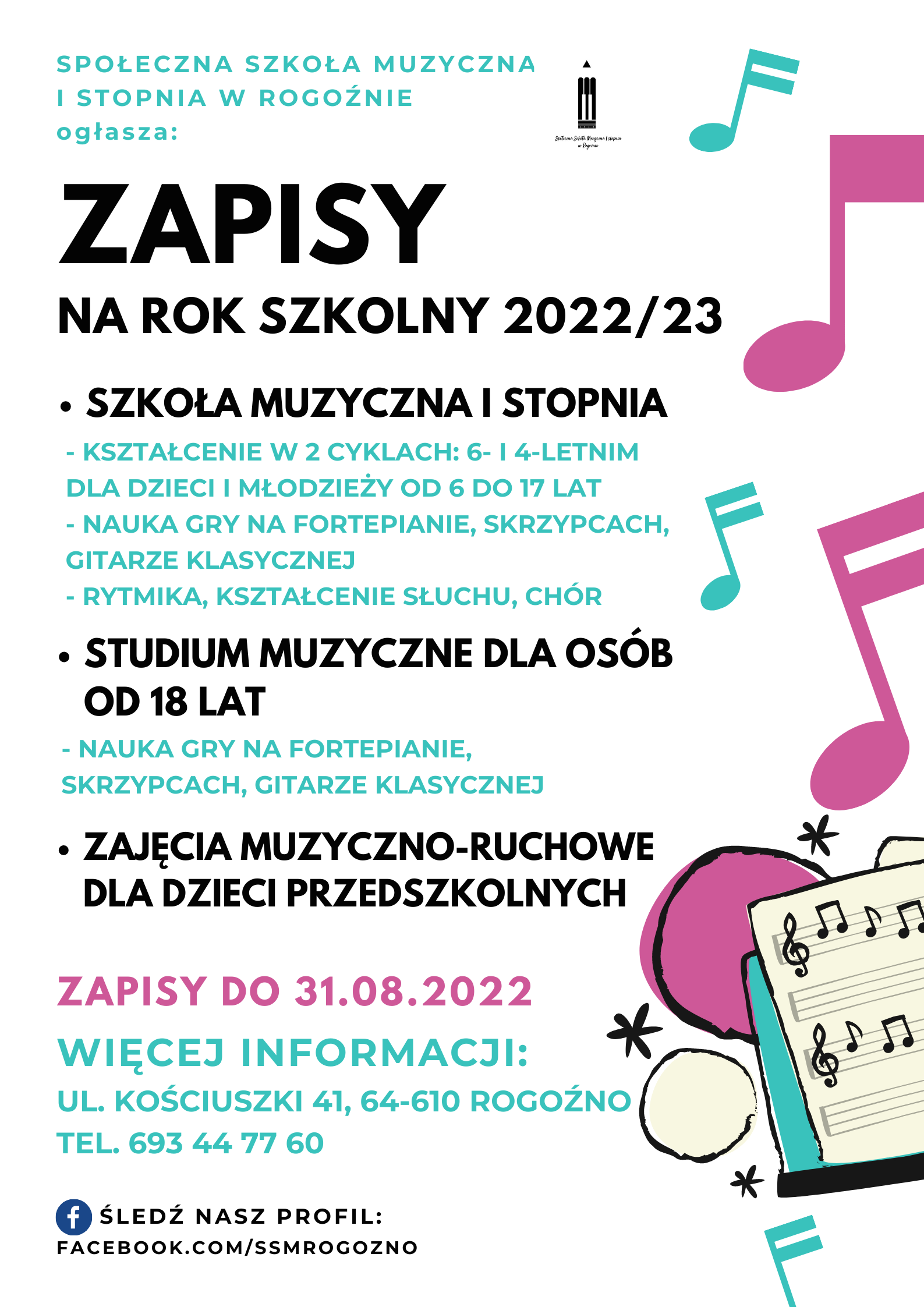 kolorowy tekst na białym tle, po prawej stronie grafiki nut i symboli muzycznych