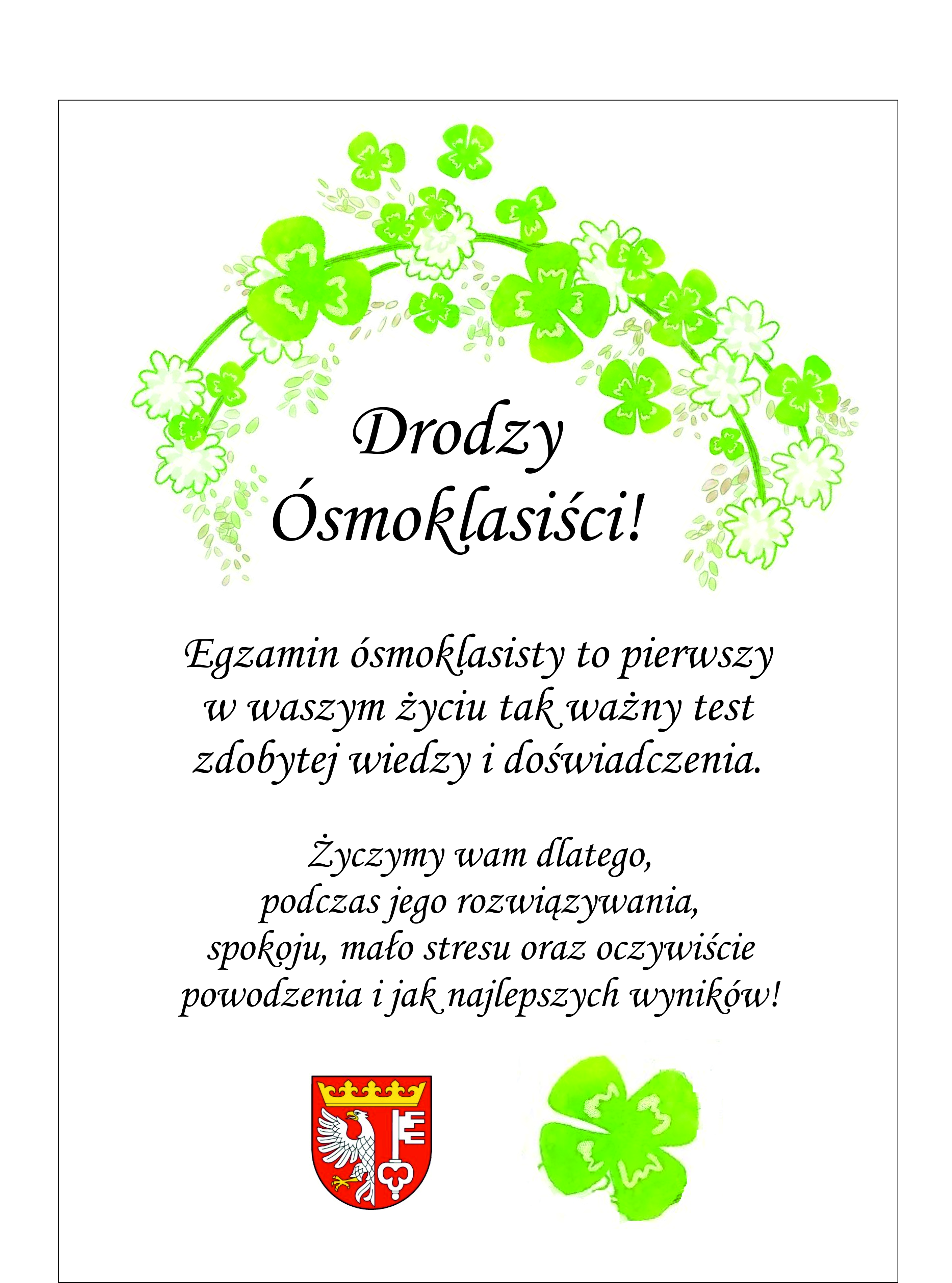czarny tekst na białym tle, do góry grafika koniczyny, na dole herb Rogoźna i obok kwiat koniczyny