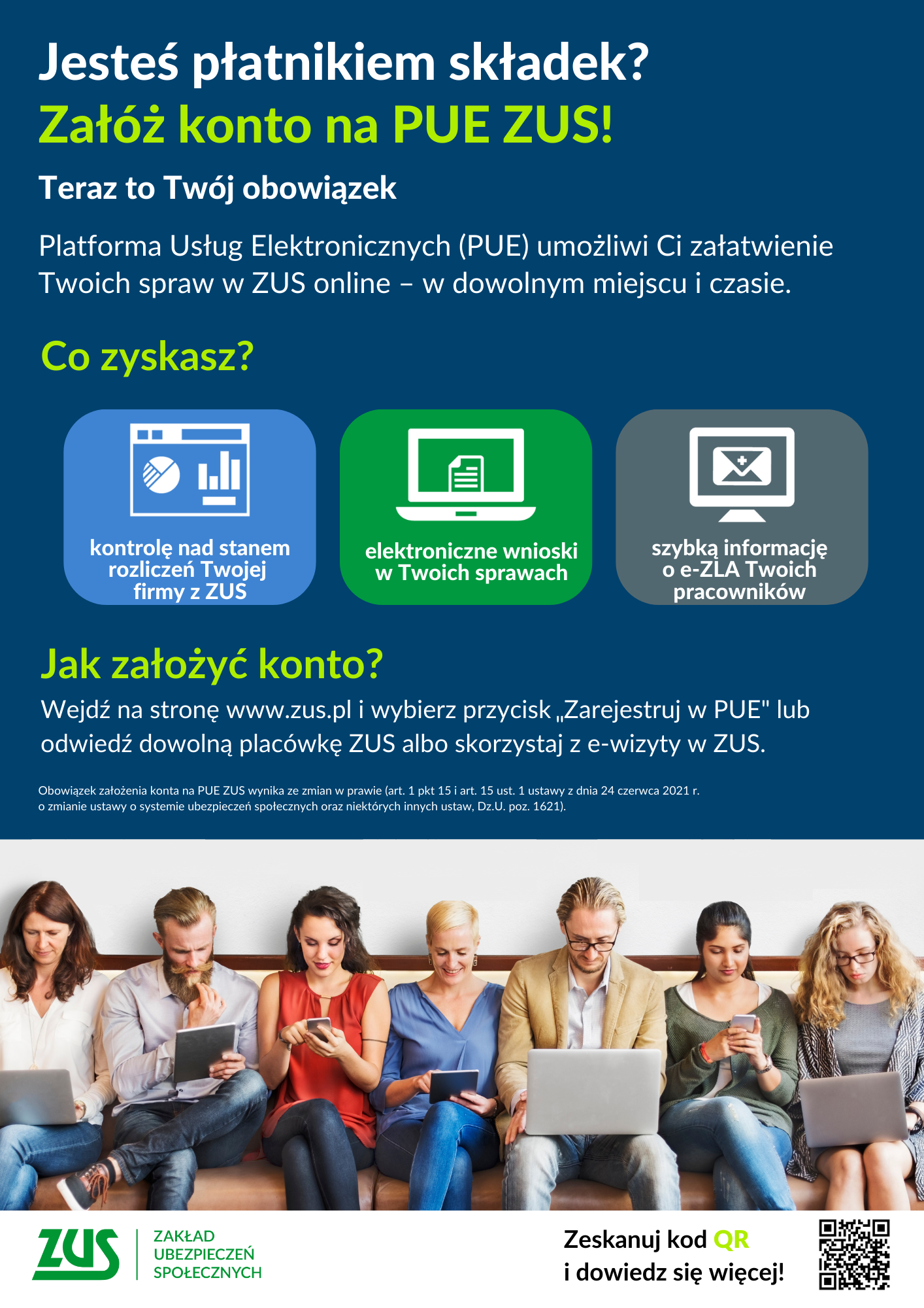 Kolorowy tekst na&nbsp;niebieskim tle, na&nbsp;dole obrazek ludzi siedzących na&nbsp;kanapie z&nbsp;tabletami i&nbsp;laptopami