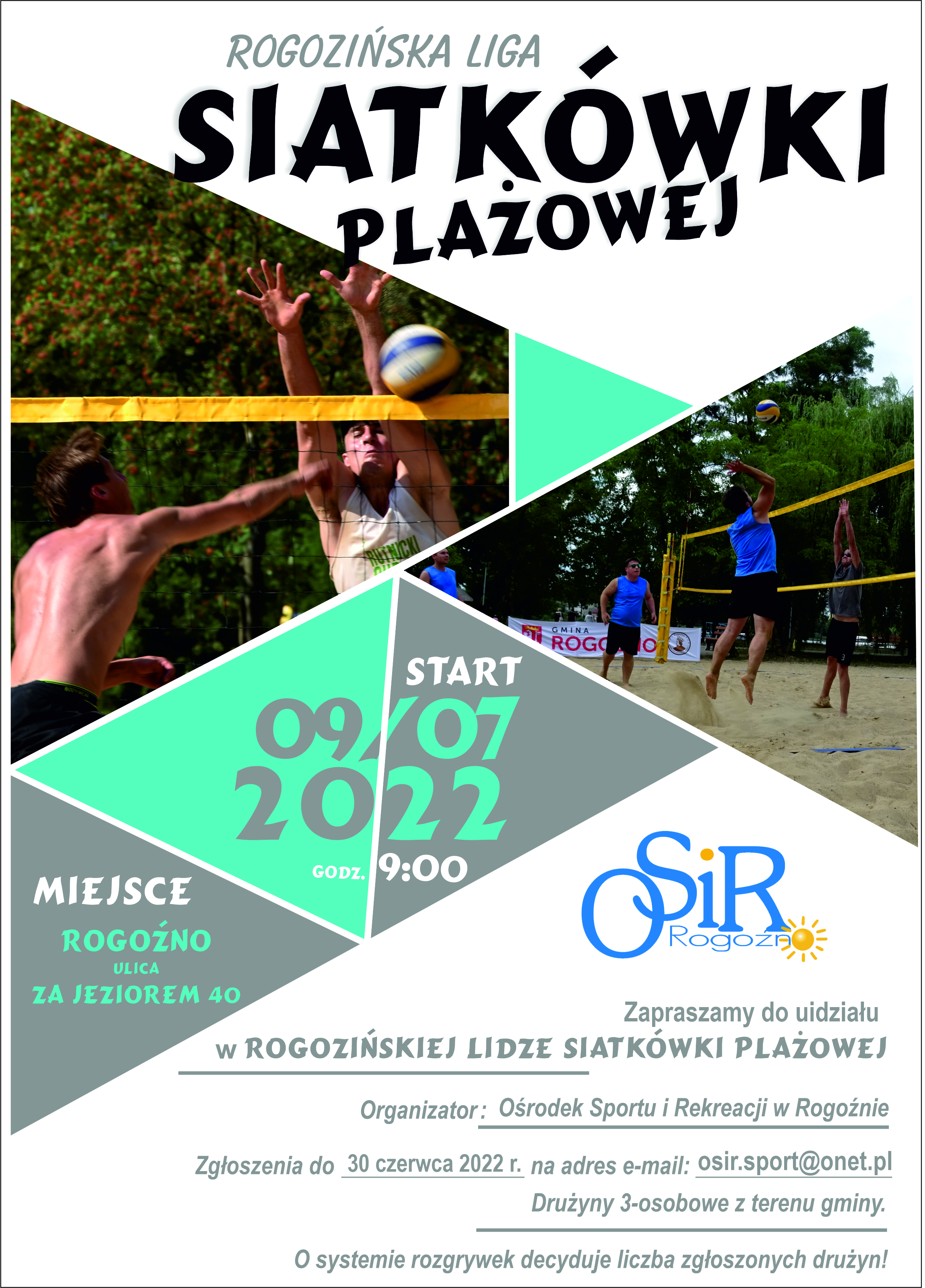plakat informujący o rozgrywkach rogozińskiej ligi siatkówki plażowejj