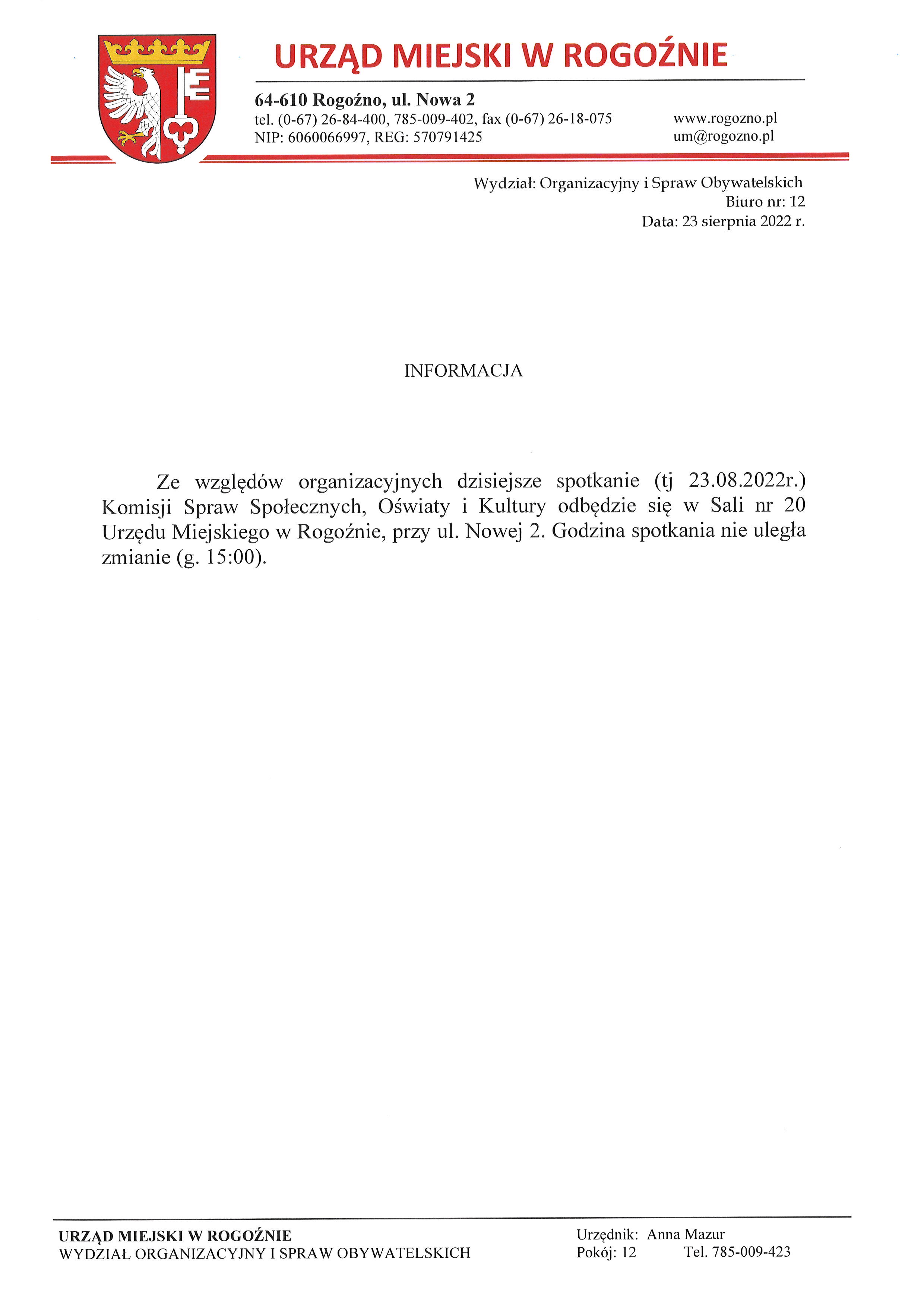 czarny tekst na białym tle, na górze herb Rogoźna