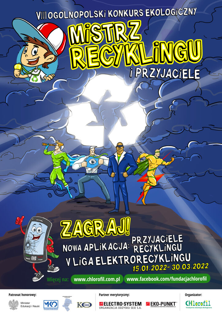 konkurs Mistrz Recyklingu ciemne chmury po bokach, na górze napis i logo, na środku cztery postacie superbohaterów, poniżej tekst dotyczący konkursu