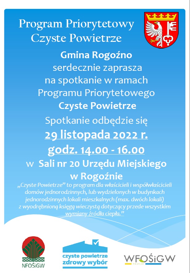 biały tekst na niebieskim tle wraz z logami i godłami