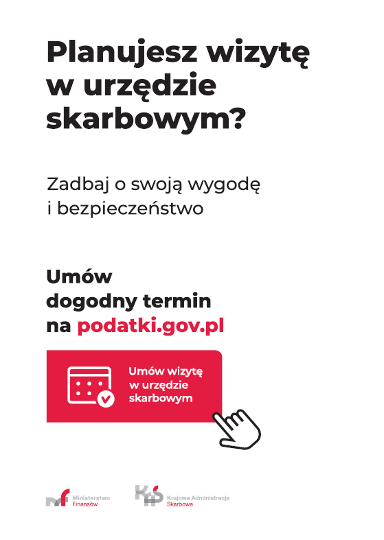 plakat urzędu skarbowego dot. e-rezerwacji tekst na białym tle, na dole loga