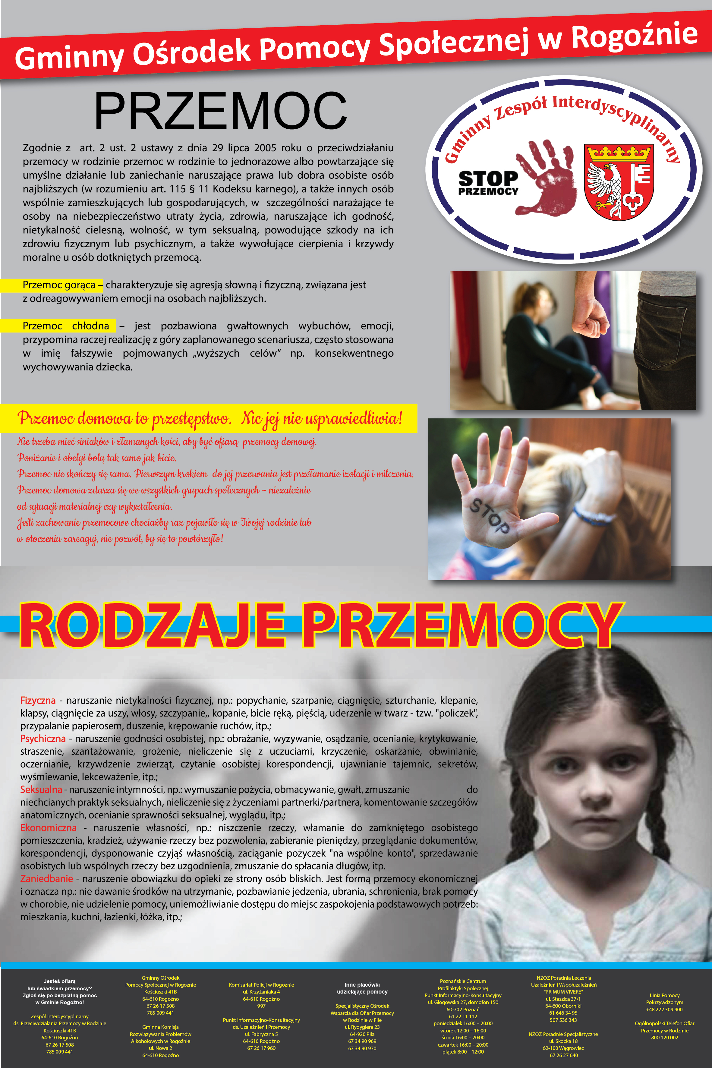 kolorowy tekst na szarym tle, zdjęcia symboliczne obrazujące przemoc