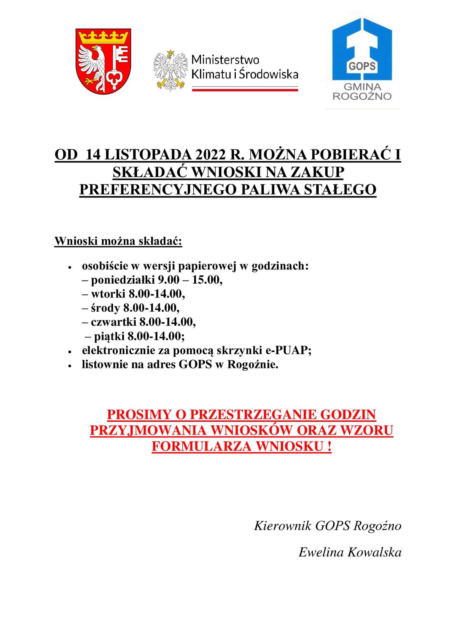 Informacja dot. wniosku o zakup węgla czarny i czerwony tekst na białym tle, na górze loga