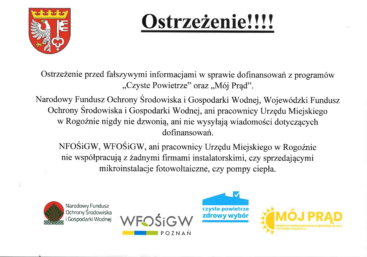 tekst na białym tle, na dole loga, do góry po lewej stronie herb Rogoźna