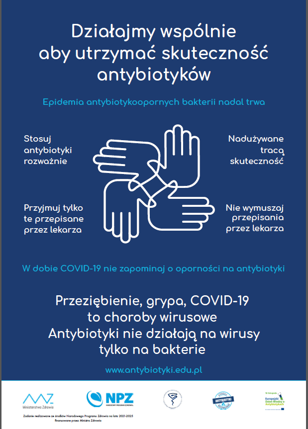 biały tekst na niebieskim tle, na dole loga