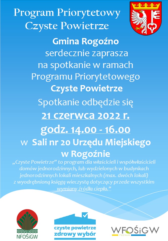 biały tekst na niebieskim tle, na dole loga, do góry herb gminy Rogoźno