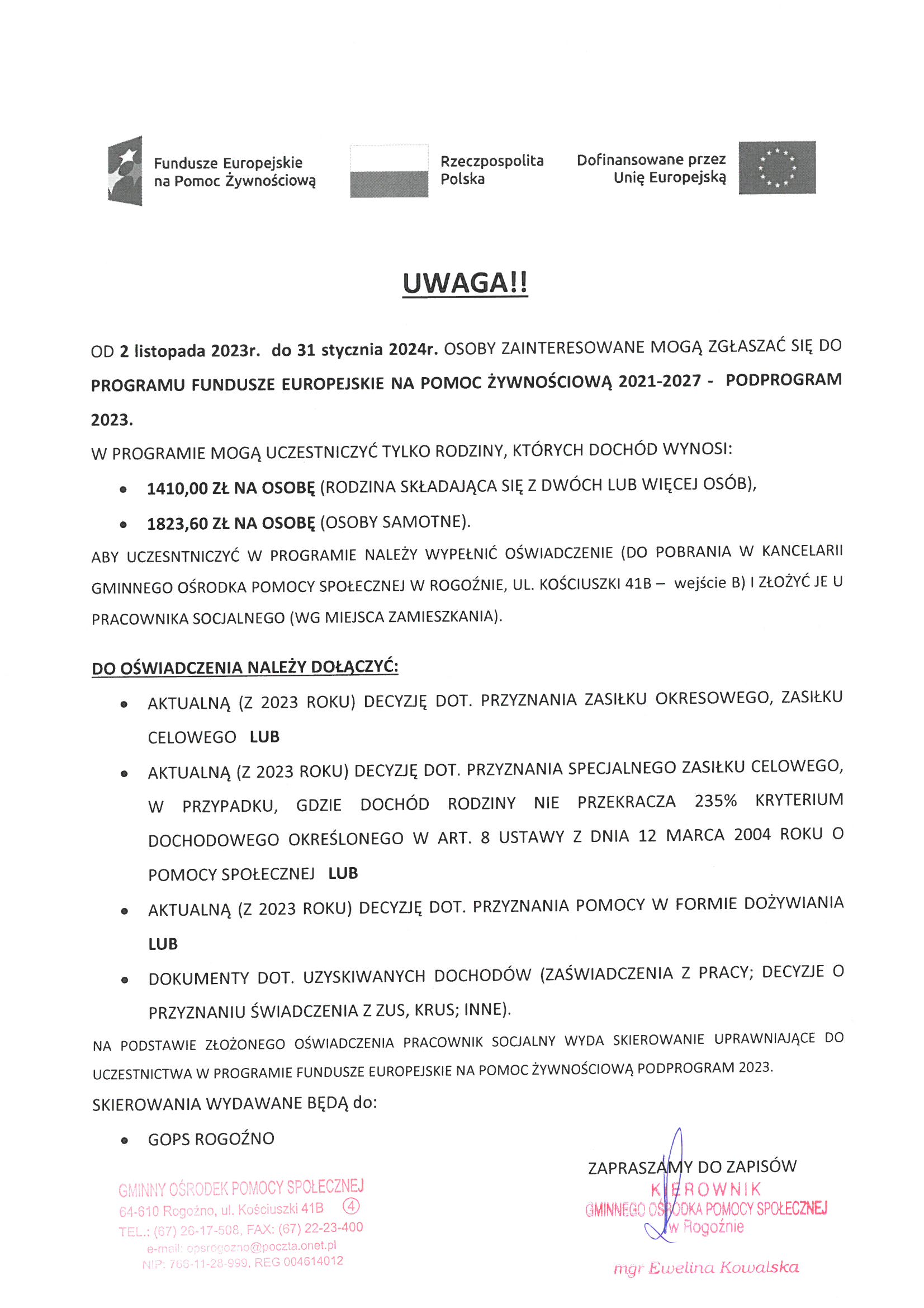 Fundusze Europejskie na&nbsp;pomoc żywnościową (FEPŻ) 2021-2027 Podprogram 2023