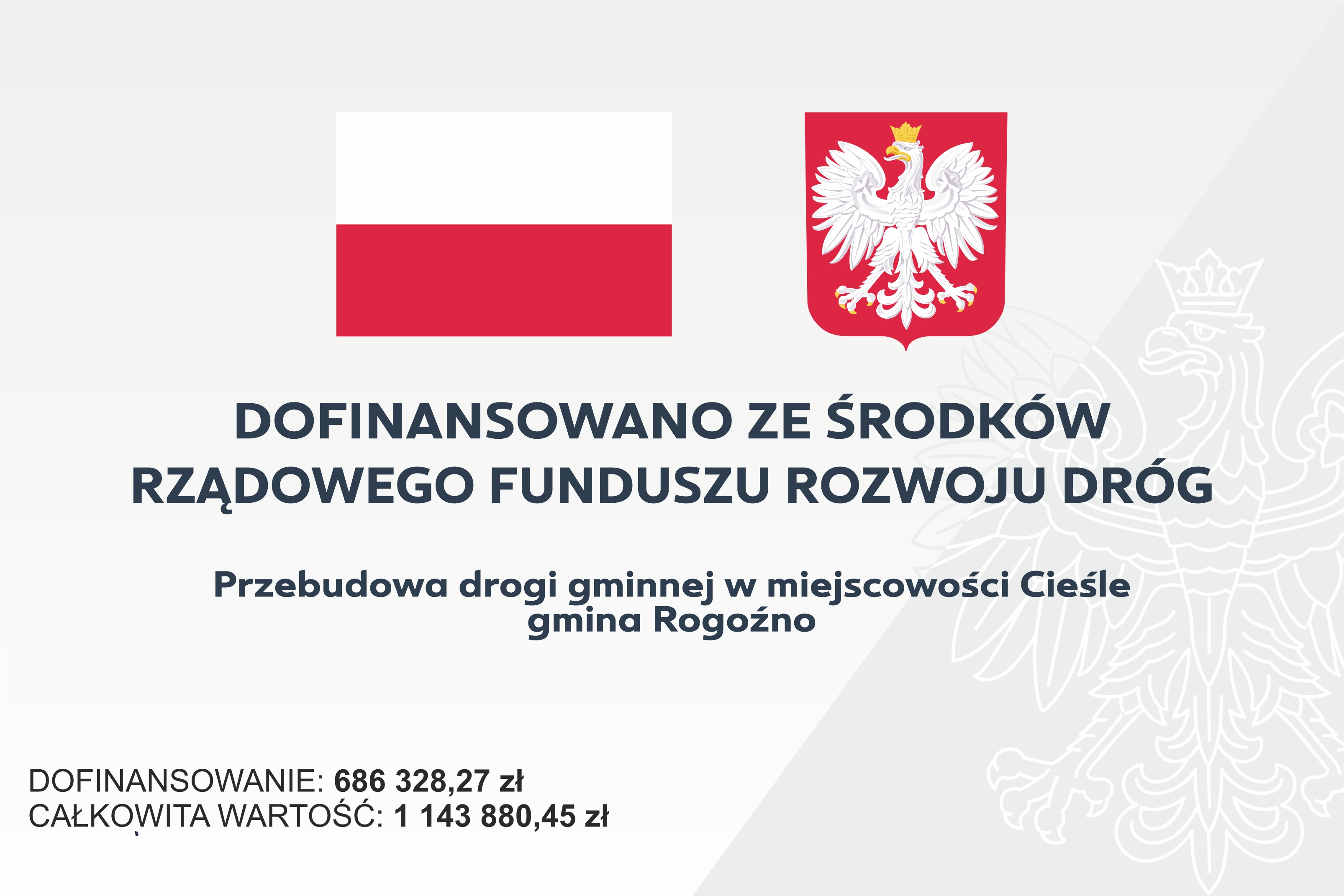 Grafika dotyczy informacji o dofinansowaniu na przebudowę drogi w miejscowości Cieśle w kwocie 686328,27 zł