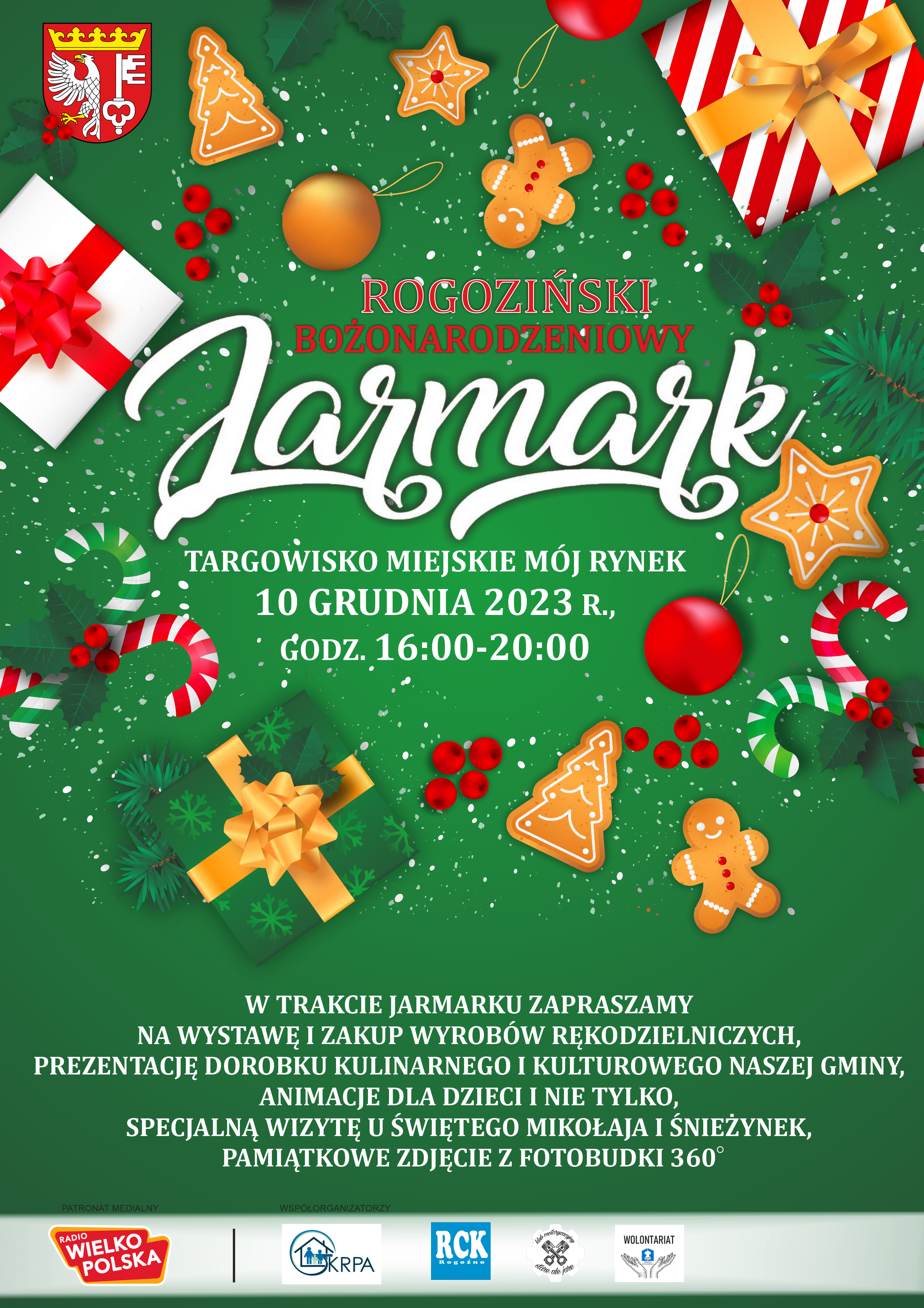 plakat dotyczy jarmarku bożonarodzeniowego w&nbsp;rogoźnie 10.12.2023