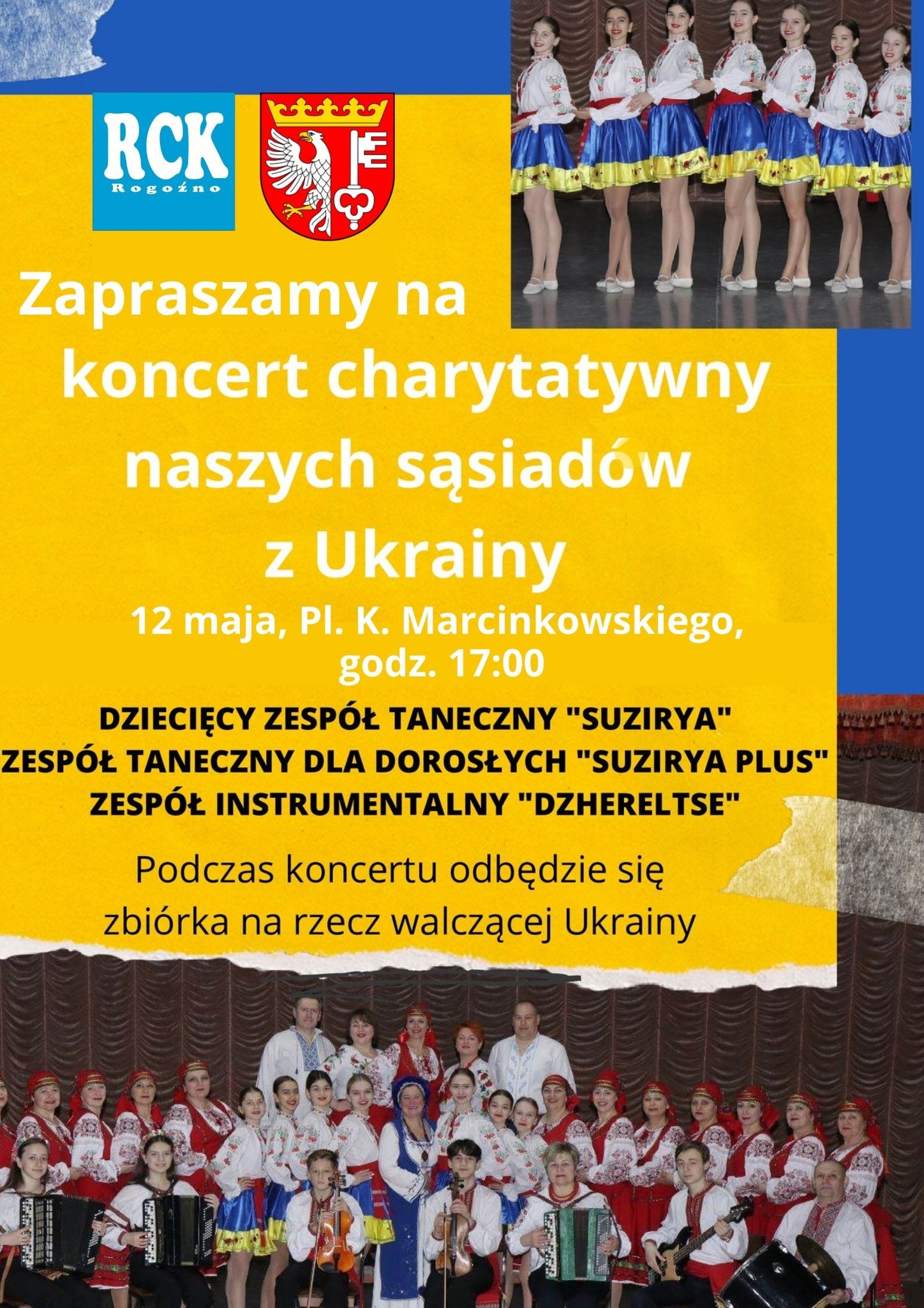 plakat dotyczy koncertu charytatywnego i pokazu tańca zespołów z Ukrainy