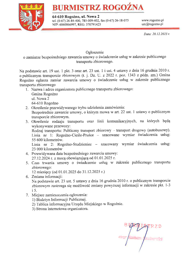 ogłoszenie Burmistrza Rogoźna o&nbsp;zamiarze zawarcia umowy