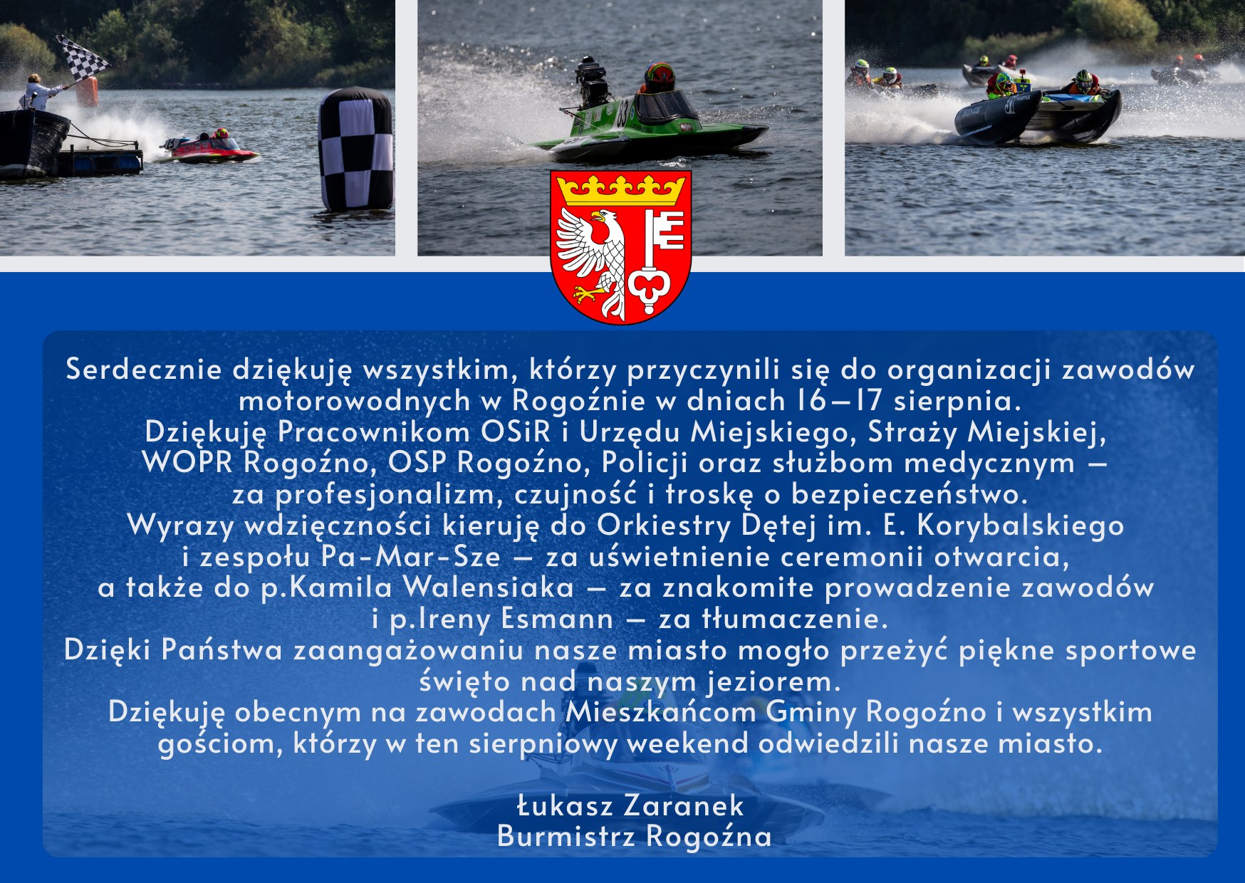 podziękowanie burmistrza rogoźna za organizację zawod&oacute;w motorowodnych 