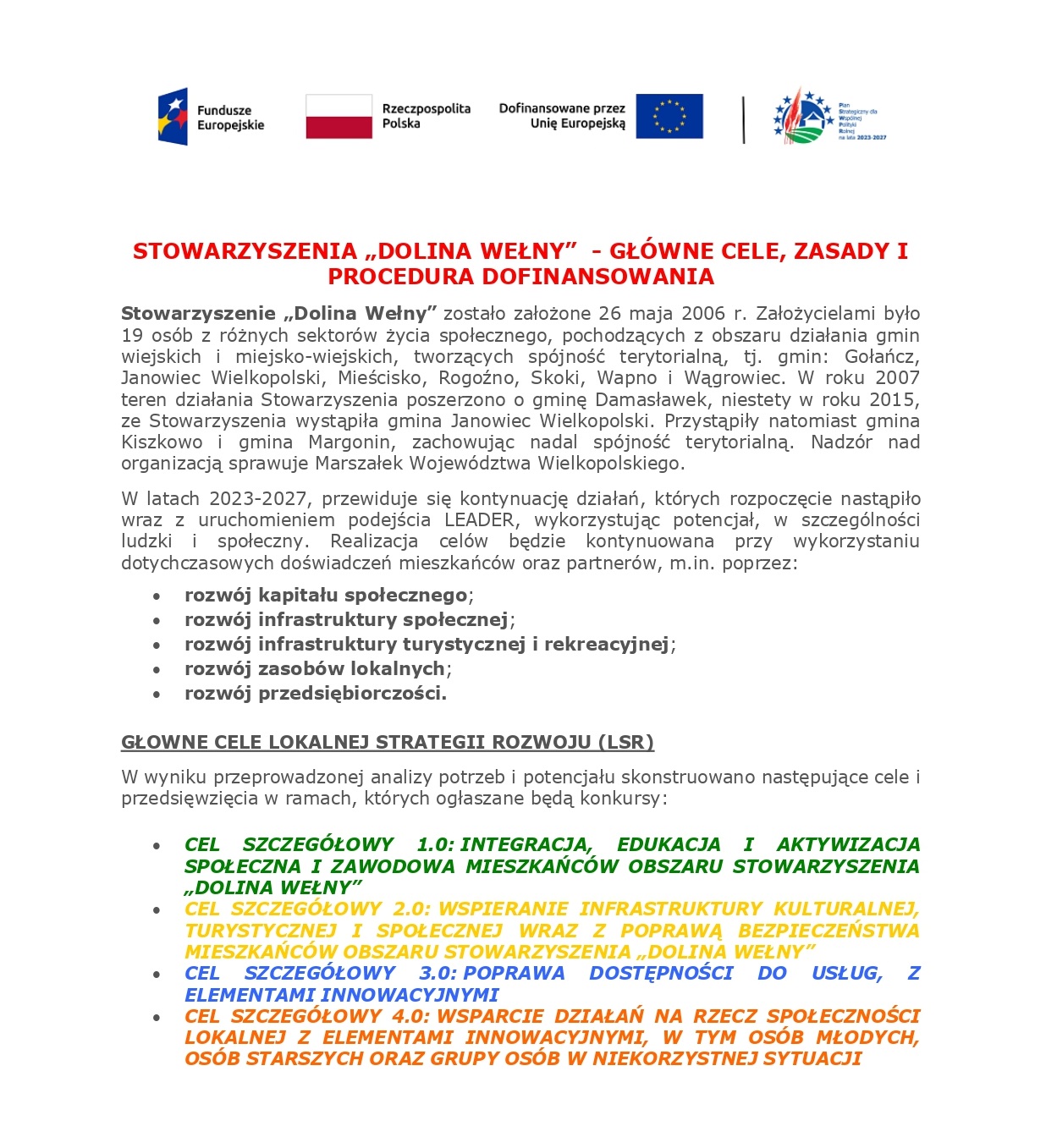 Główne cele Lokalnej Strategii Rozwoju stowarzyszenia "Dolina Wełny"