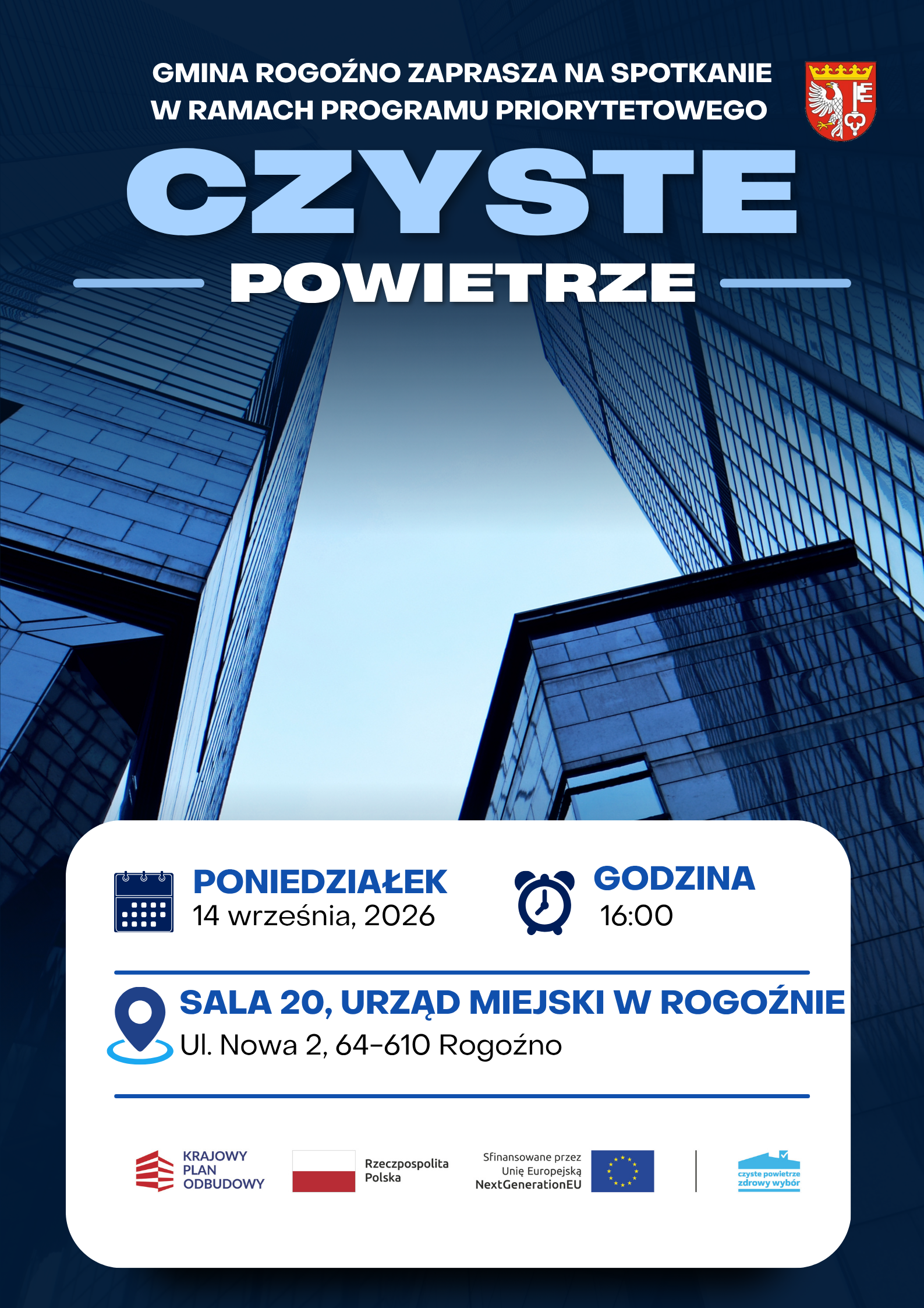 na dole i&nbsp;na g&oacute;rze tekst z&nbsp;logami po środku widok budynk&oacute;w miasta widziany z&nbsp;dołu