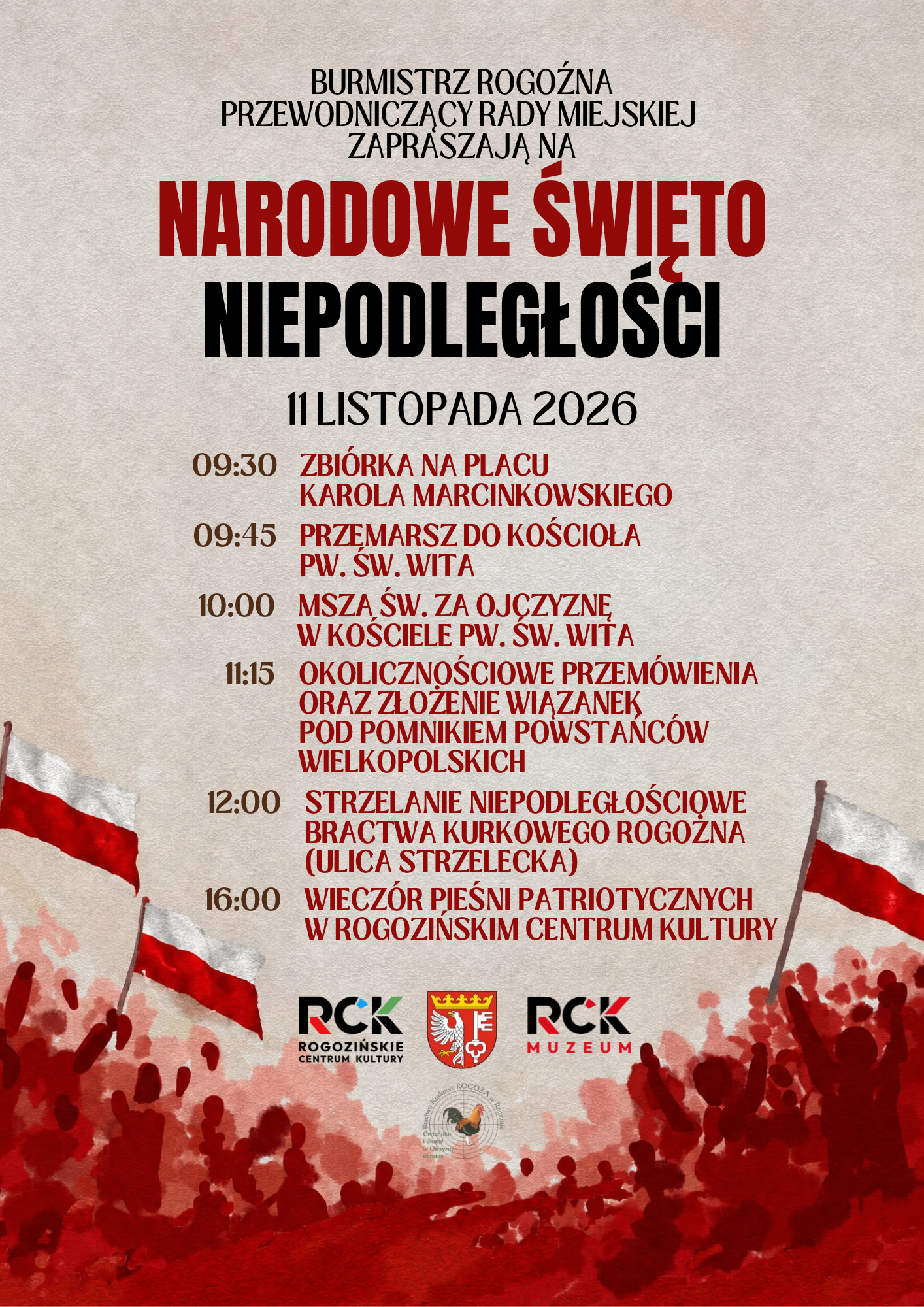 czerwony plakat, na&nbsp;g&oacute;rze i&nbsp;po środku tekst z&nbsp;programem uroczystości, poniżej loga, na&nbsp;dole grafiki ludzi trzymających flagę polski