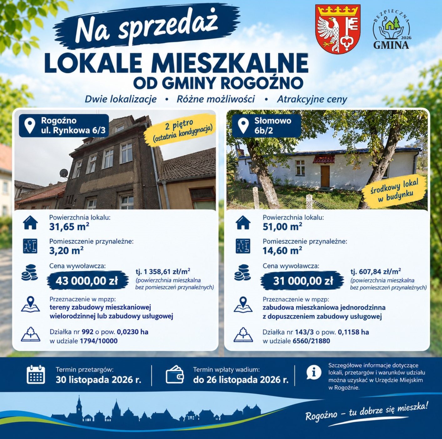 na g&oacute;rze zdjęcia lokali mieszkalnych, po bokach i&nbsp;na dole kolorowe informacje o&nbsp;przetargu