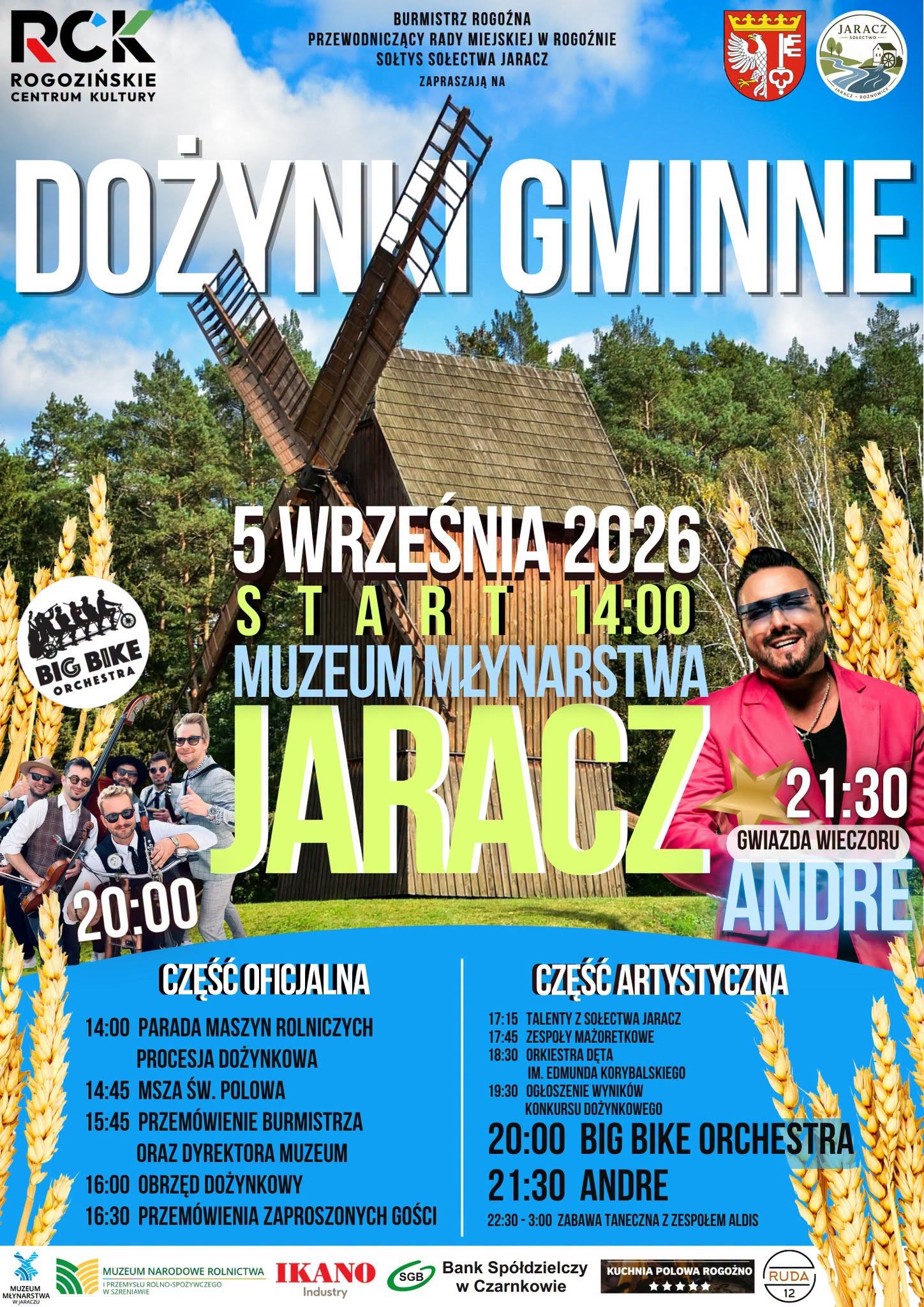duże kolorowe napisy na&nbsp;tle młynu, po prawej i&nbsp;lewej stronie zdjęcia artyst&oacute;w, na&nbsp;dole kolorowe opisy harmonogramu, na&nbsp;samym dole loga