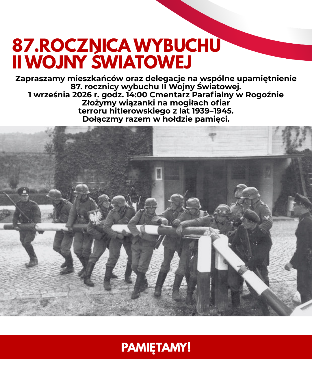 czerwony i&nbsp;czarny tekst na&nbsp;dole i&nbsp;na g&oacute;rze, wraz z&nbsp;narodowymi symbolami, po środku zdjęcie z&nbsp;wybuchu II Wojny Światowej