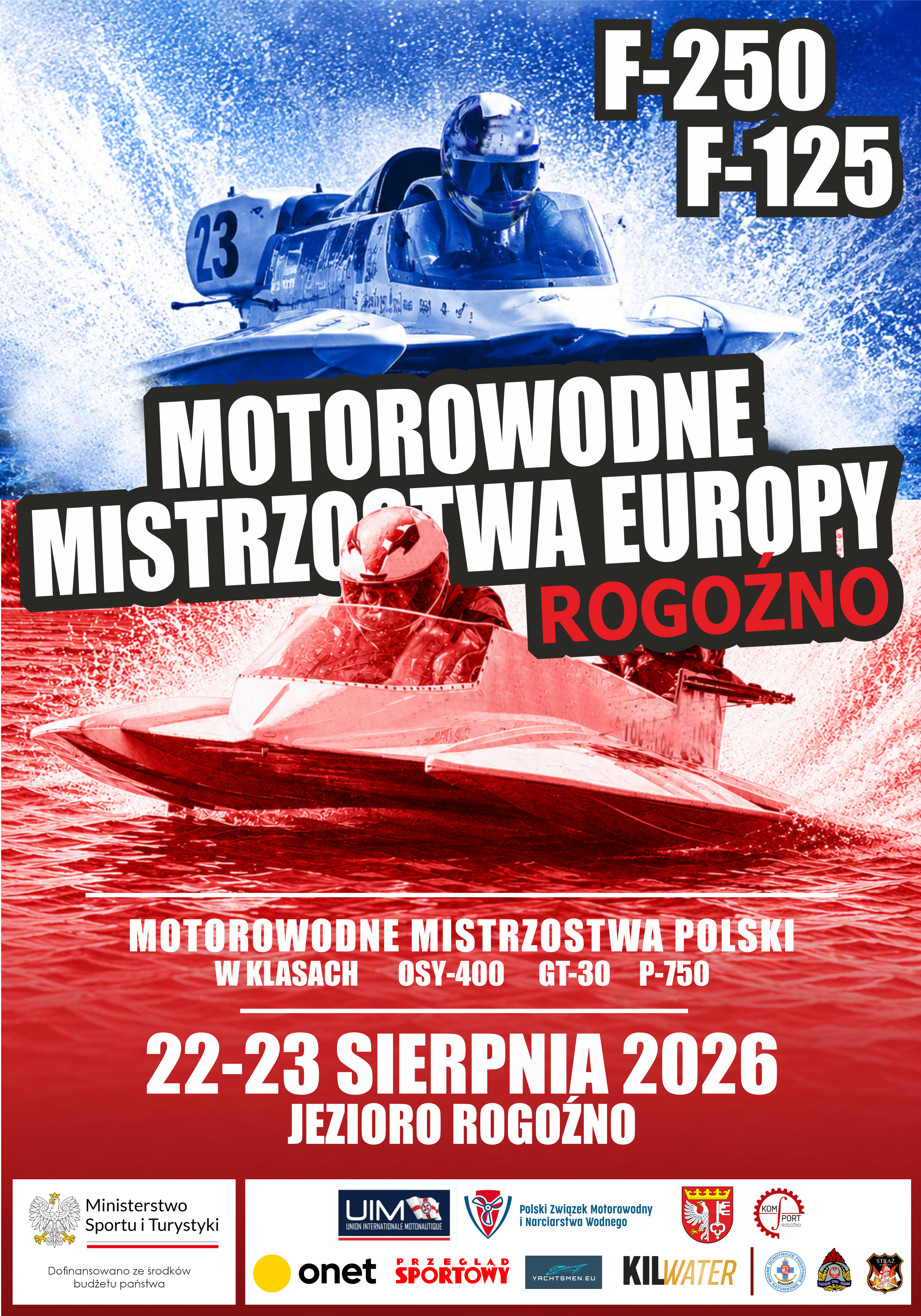 plakat informacyjny o&nbsp;zawodach motorowodnych w&nbsp;rogoźnie 22-23 sierpnia 2026