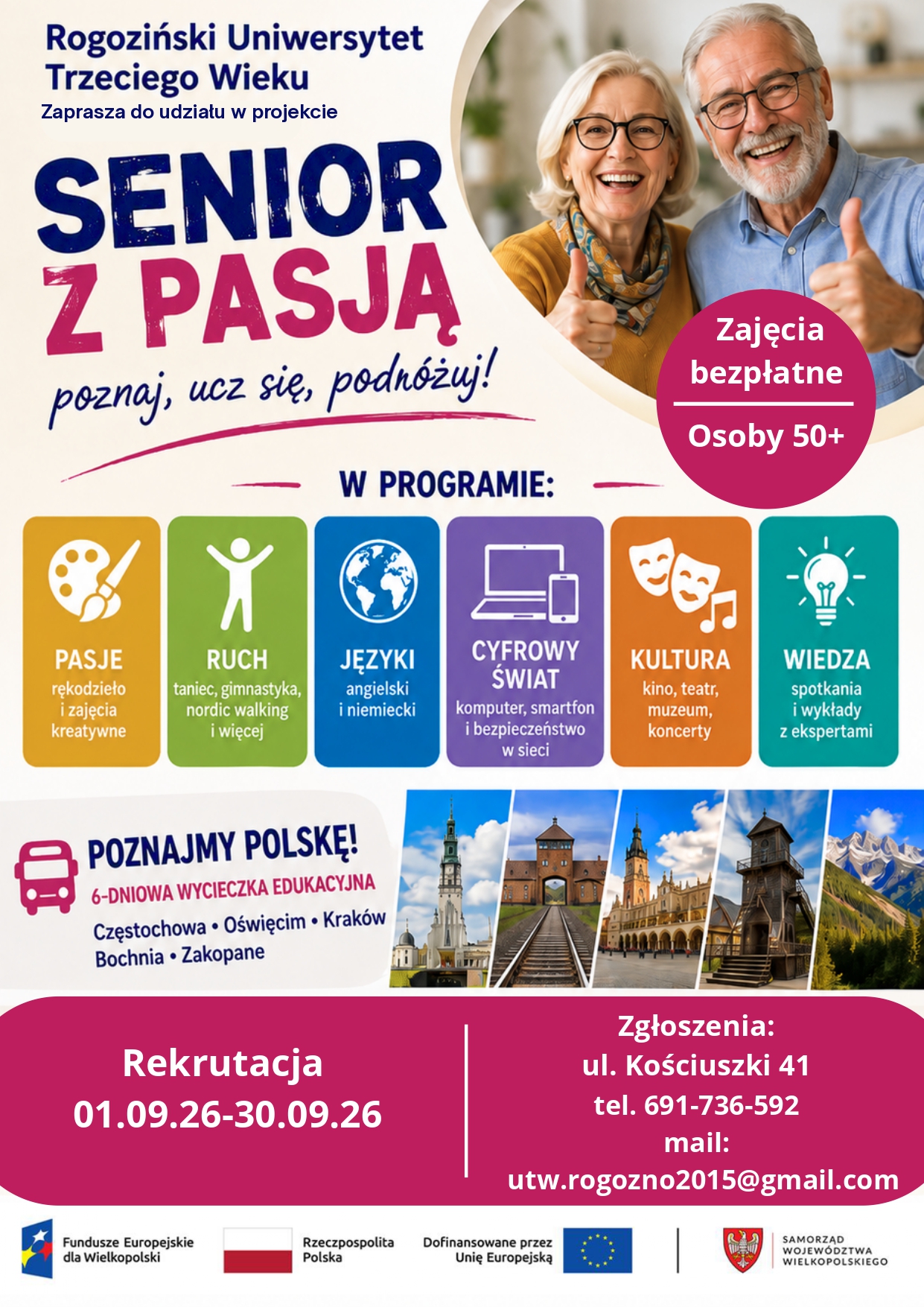 kolorowy plakat, na&nbsp;g&oacute;rze zdjęcie senior&oacute;w po prawej, po lewej tekst, po śrdoku grafiki i&nbsp;zdjęcia z&nbsp;r&oacute;żnych miejsc w&nbsp;polsce, na&nbsp;dole tekst i&nbsp;loga