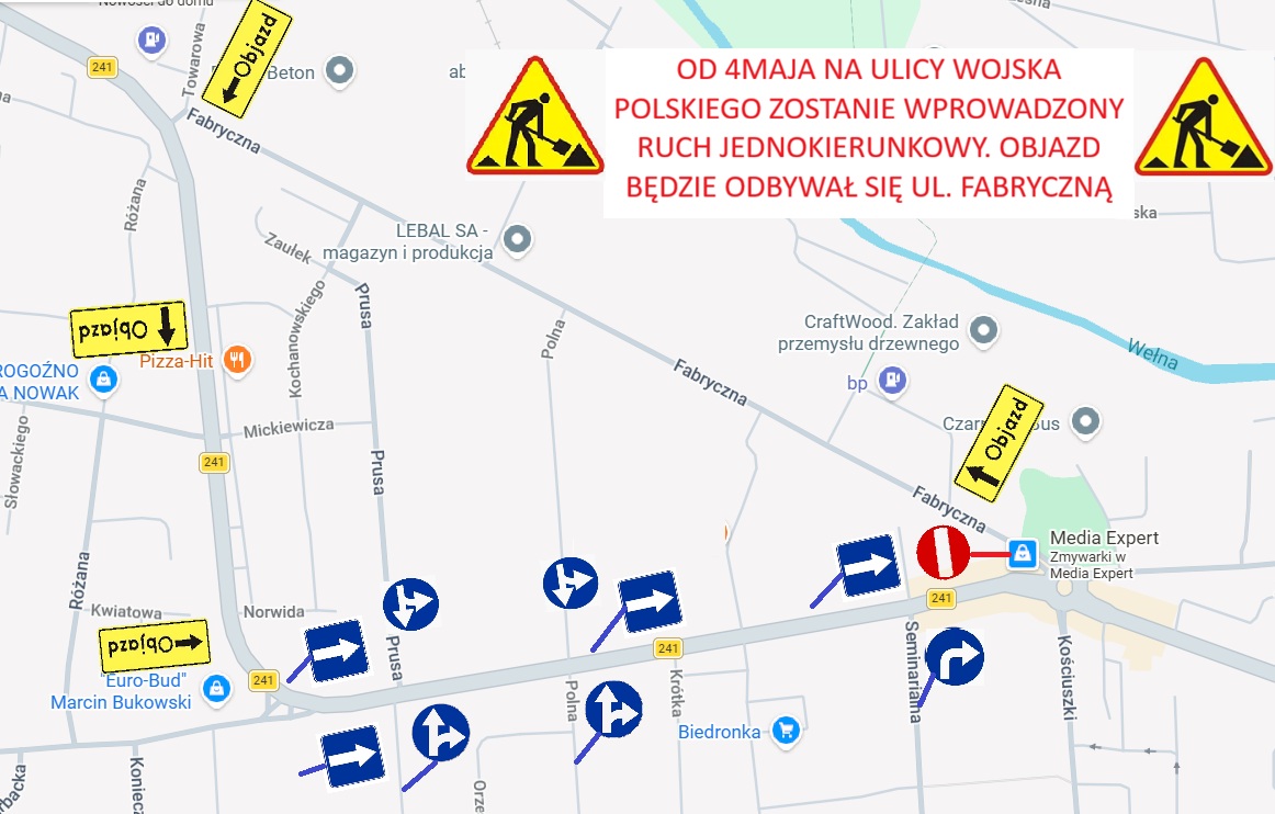 mapa rogoźna z&nbsp;zaznaczoną zmianą organizacji ruchu drogowego