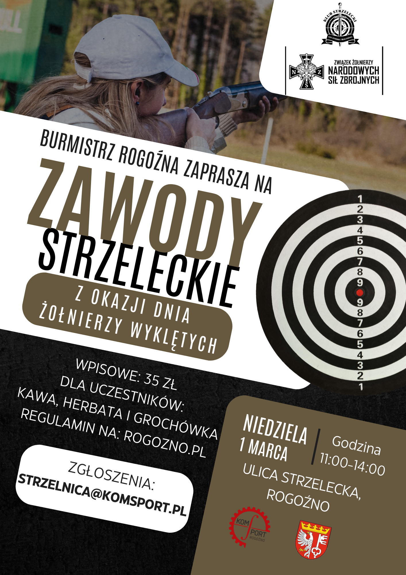 plakat zawod&oacute;w strzeleckich w&nbsp;czarno brązowych barwach, na&nbsp;g&oacute;rze zdjęcie kobiety trzymającej strzelbę, na&nbsp;gorze po prawej loga, po środku napis oraz&nbsp;grafika strzelby, niżej na&nbsp;czarnym tle informacje oraz&nbsp;loga