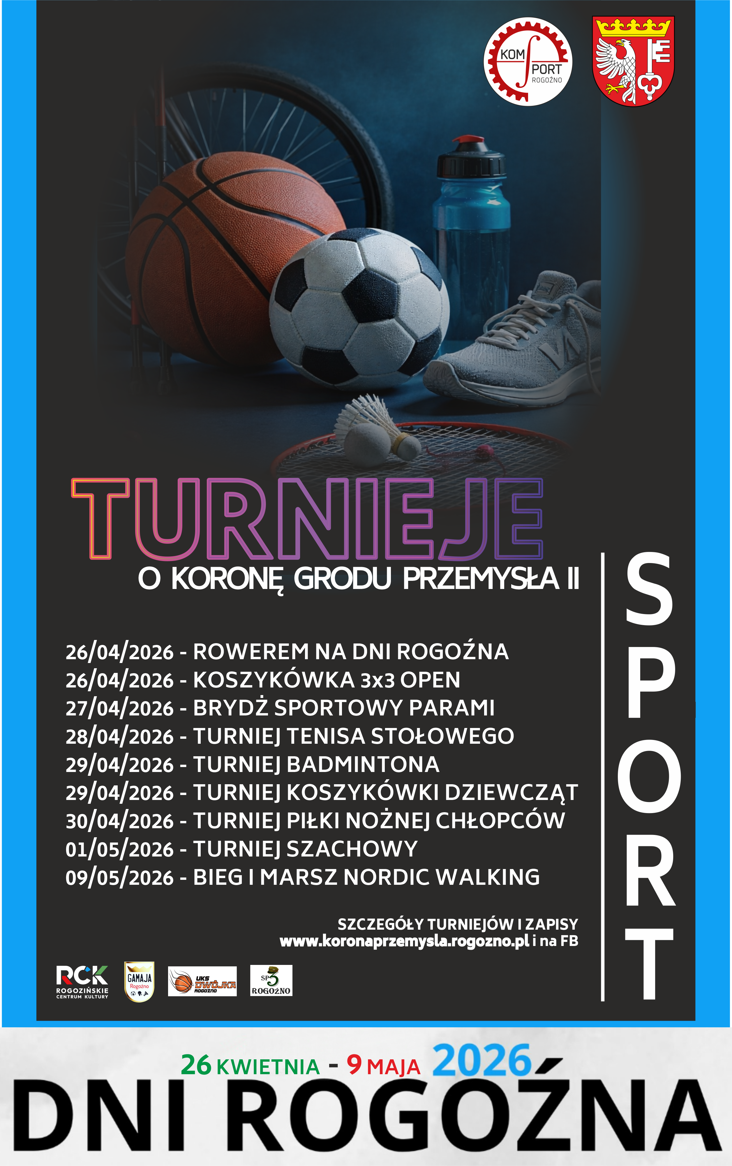 plakat przedstawia harmonogram wydarzeń podczas dni rogoźna na&nbsp;sportowo