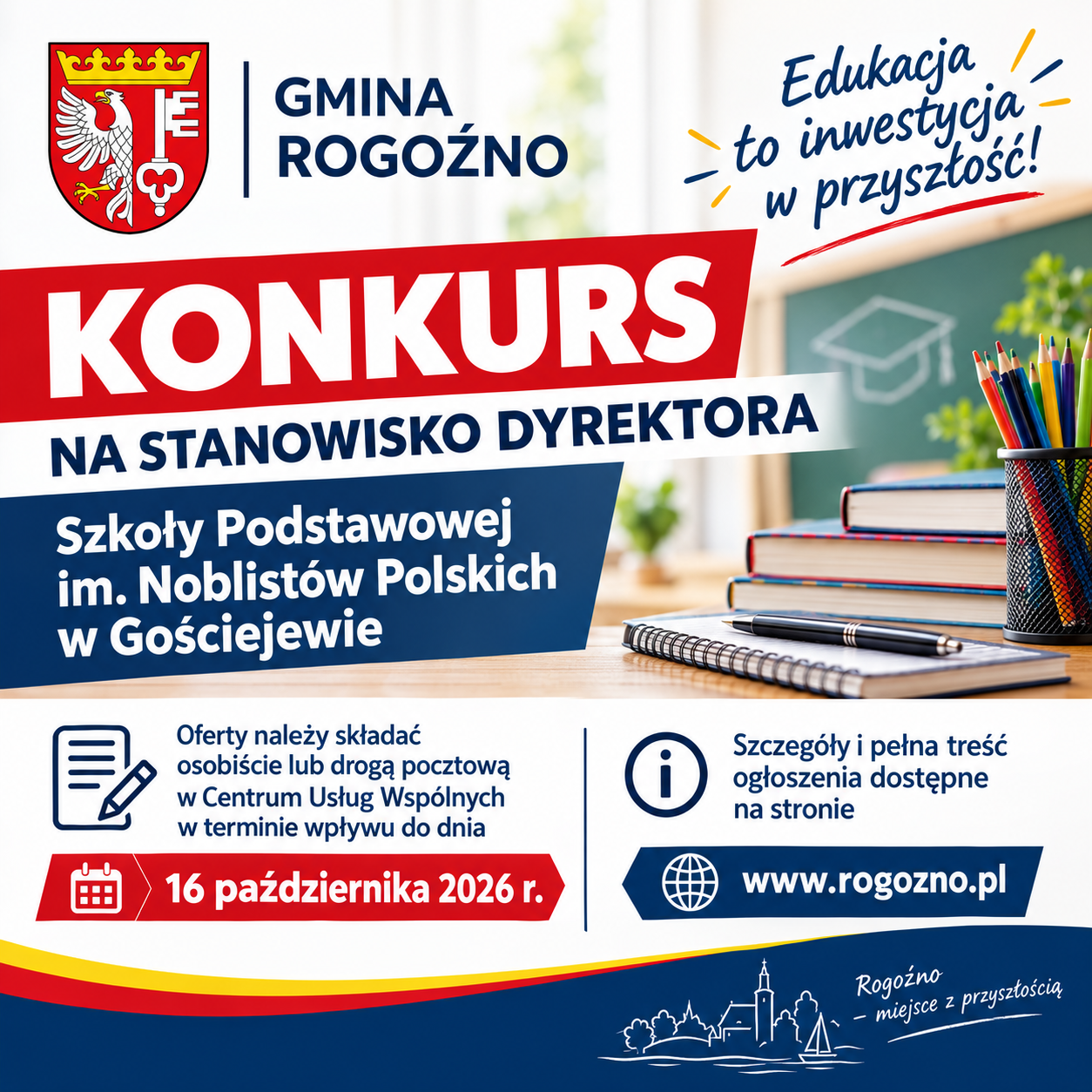 kolorowy plakat informacyjny - kolorowe napisy na&nbsp;białym tle, na&nbsp;g&oacute;rze herb gminy