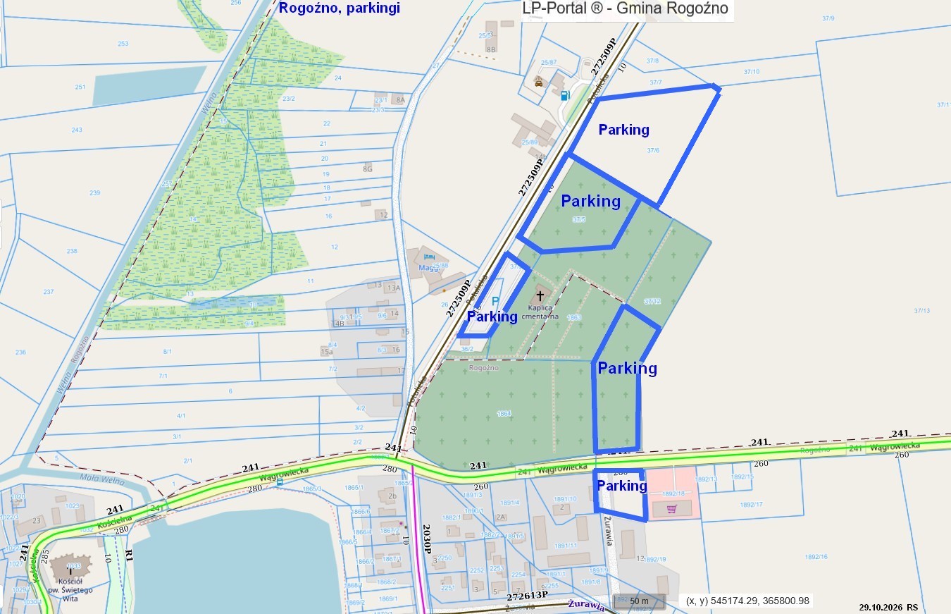mapa cmentarza i&nbsp;zaznaczonych dodatkowych parking&oacute;w