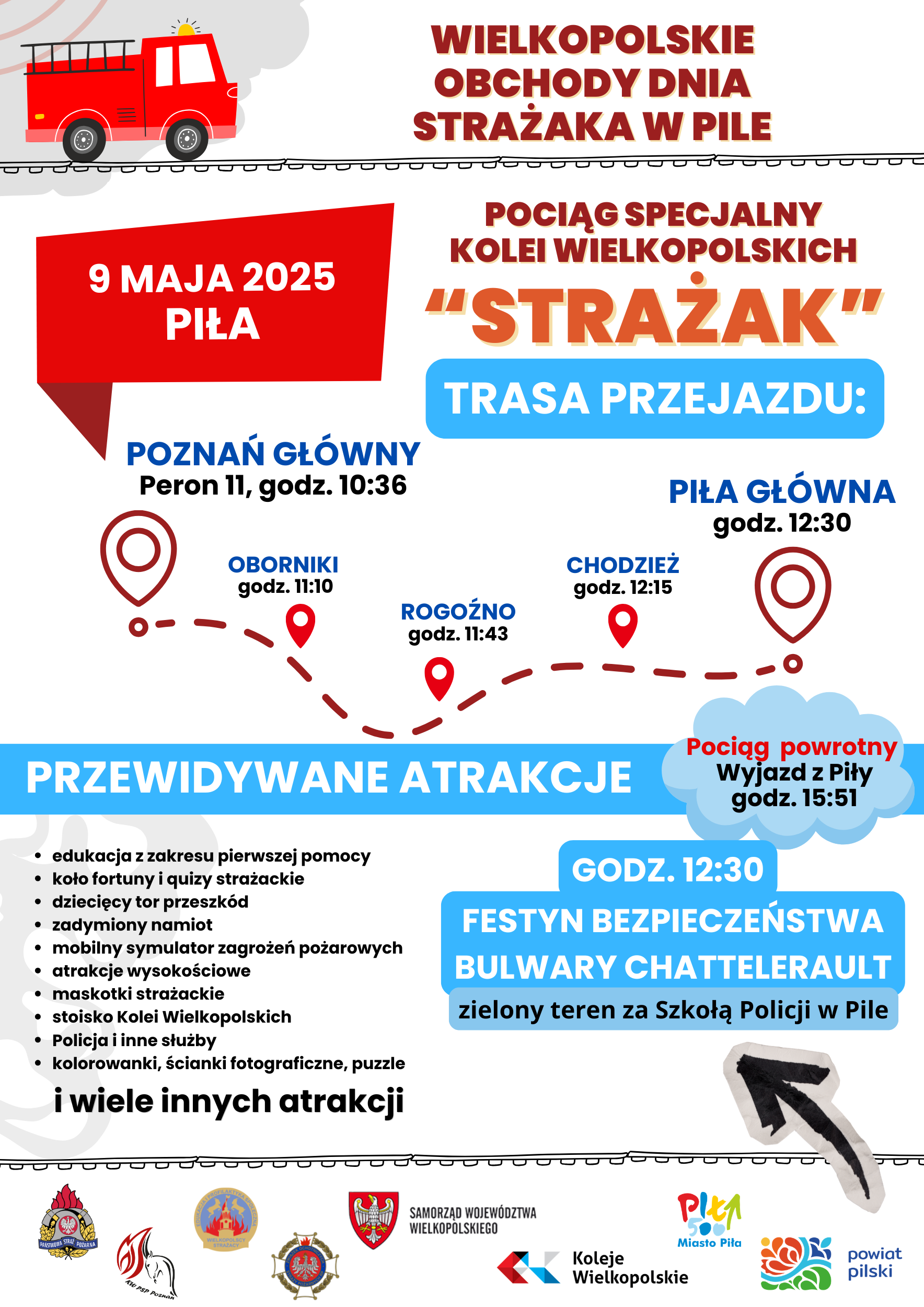 kolorowe teksty, na&nbsp;g&oacute;rze grafika wozu strażackiego, po środku mapa trasy pociągu, na&nbsp;dole loga