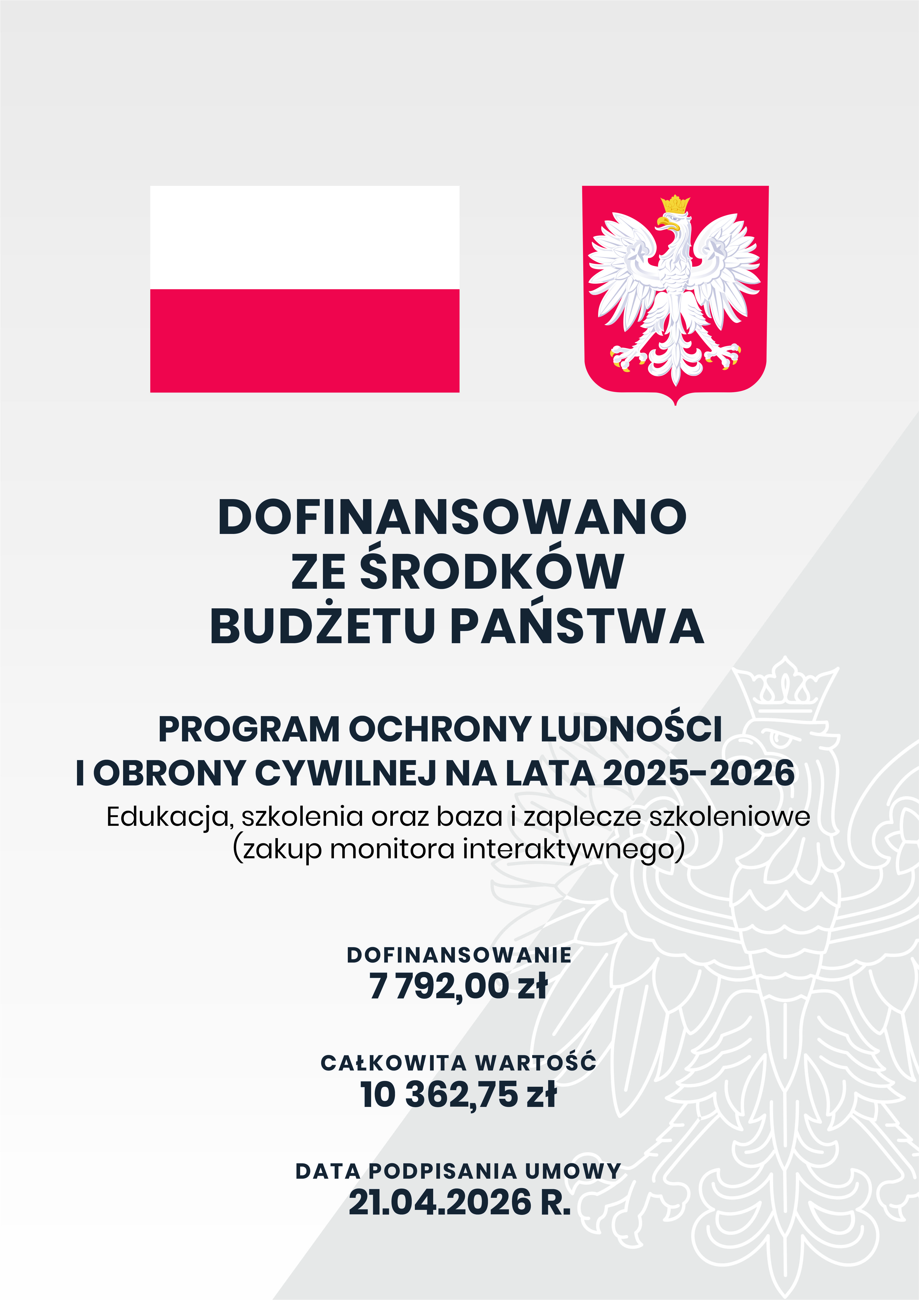 granatowy tekst na&nbsp;szarym tle, orzeł w&nbsp;koronie po prawej stronie tła, na&nbsp;g&oacute;rze flaga i&nbsp;godło Polski, po środku w&nbsp;d&oacute;ł tekst
