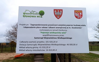 Zdjęcie do Realizacja projektu: "Zagospodarowanie przestrzeni wiejskiej poprzez budowę wiaty, doposażenie placu zabaw i siłowni zewnętrznej w m. Studzieniec". Projekt wsp&oacute;łfinansowany w ramach programu Wielkopolska Odnowa Wsi.